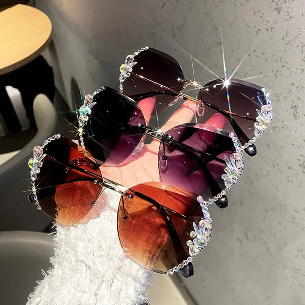 Gafas de Sol de Diamante sin Montura para Mujer 2022, Gafas de Sol de Diamante Degradado de Gran tamaño, Gafas de Sol de Cristal con protección UV