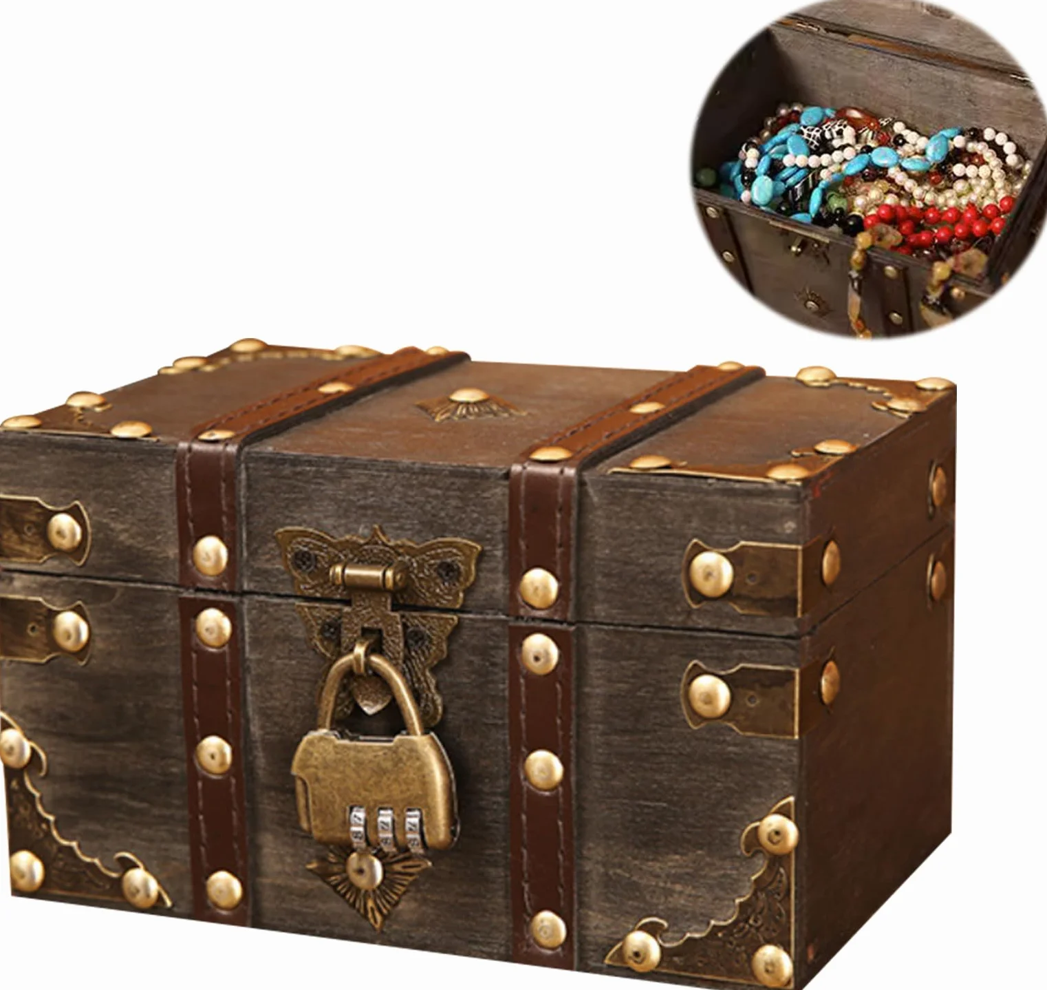 Nizirioo Cofre del tesoro vintage de madera con cerradura de combinación: cofre del tesoro vintage pequeño, cofre del tesoro pirata, joyero con tapa para fiesta de cumpleaños infantil, hucha con