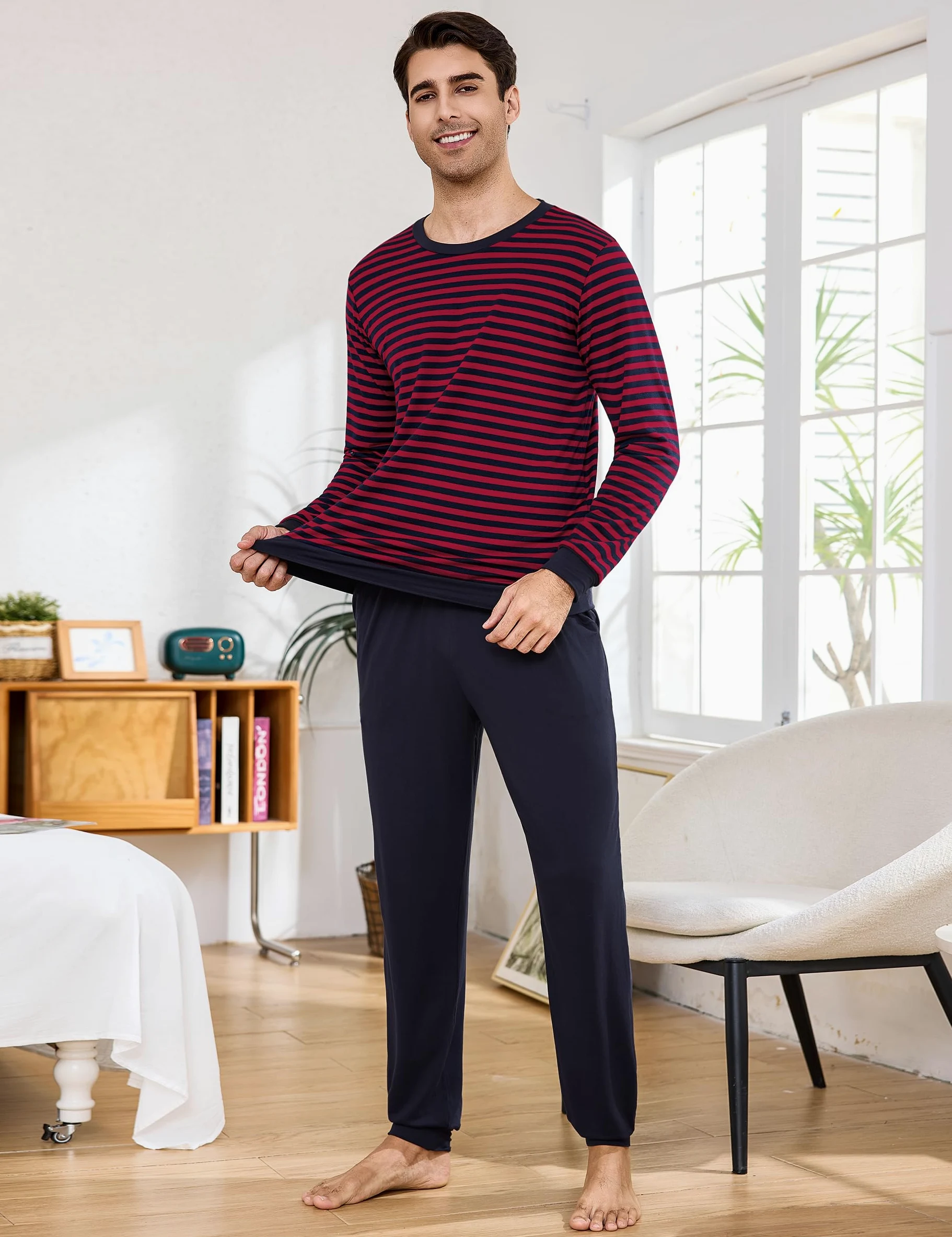 Bresdk Pijama Hombre Invierno Algodon Manga Larga Conjunto de Pijama a Rayas Dos Piezas Pijamas Largos Cuello Redondo S-3XL