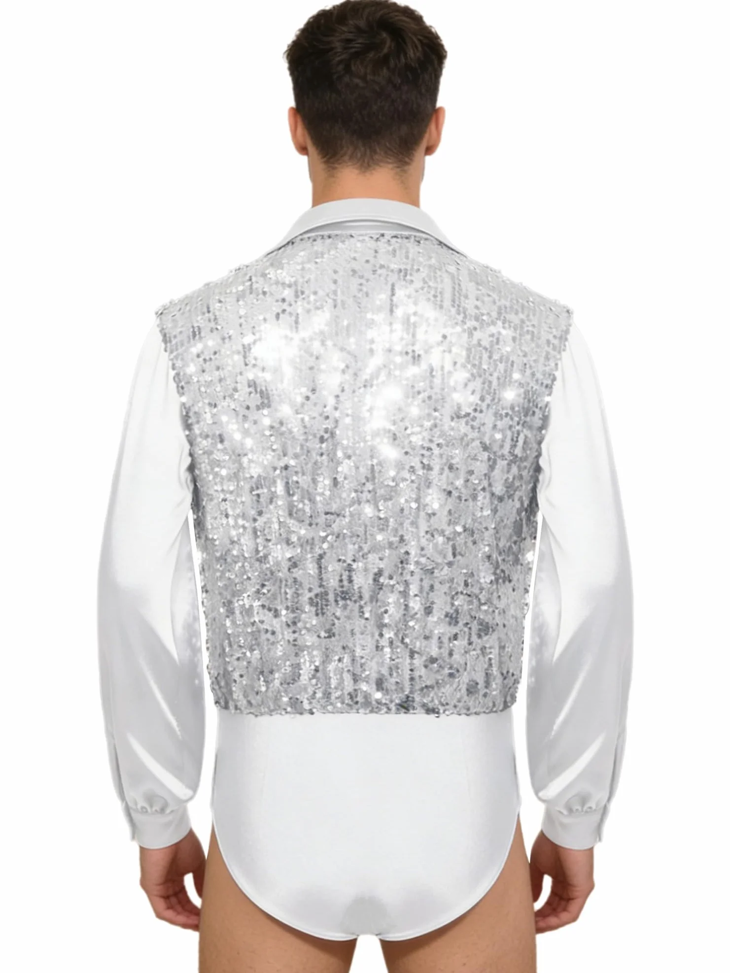 Maillot de Baile Latino Rumba Samba Manga Larga Saten Lentejuelas Cuello en V para Hombre