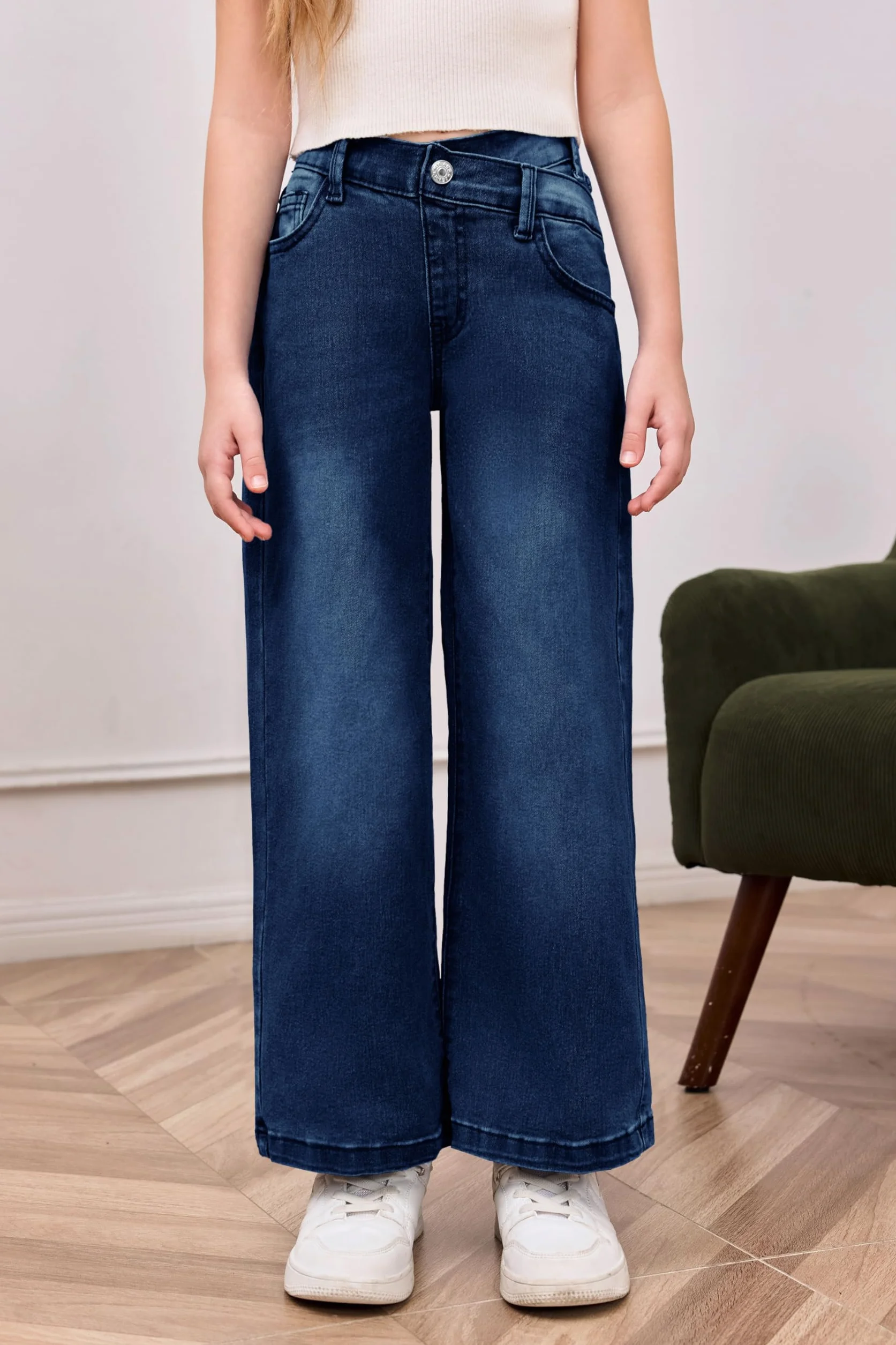 Haloumoning Pantalones vaqueros de cintura alta para niñas, pantalones vaqueros con cintura elástica, piernas anchas