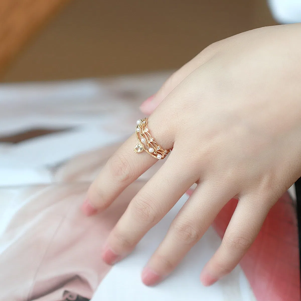 Juego de 3 anillos de boda vintage de oro amarillo de 9 quilates, 14 quilates y 18 quilates con cristal y perla, moissanita