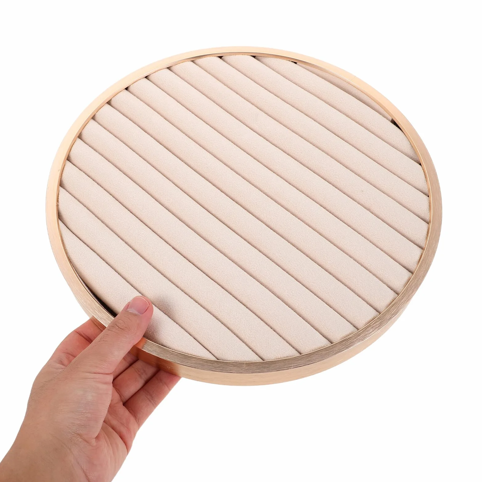 Bandeja de Exhibición de Joyas de Terciopelo Redonda Beige | Metal Ligero, para Collares y Abalorios, Uso en Fotografía y Viaje, Acabado Elegante Decorativo