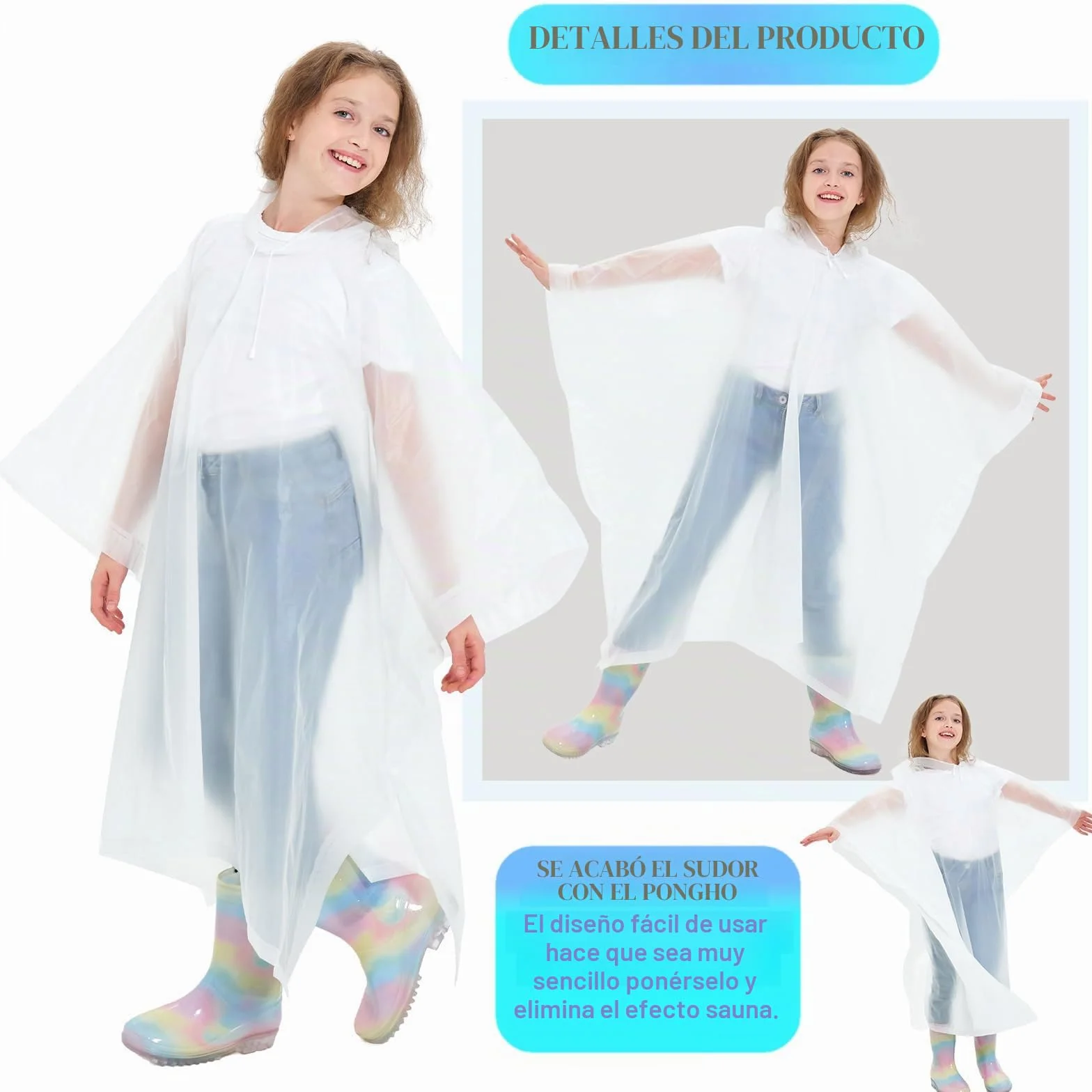 Poncho de lluvia impermeable para niños, reutilizable, transparente, con capucha