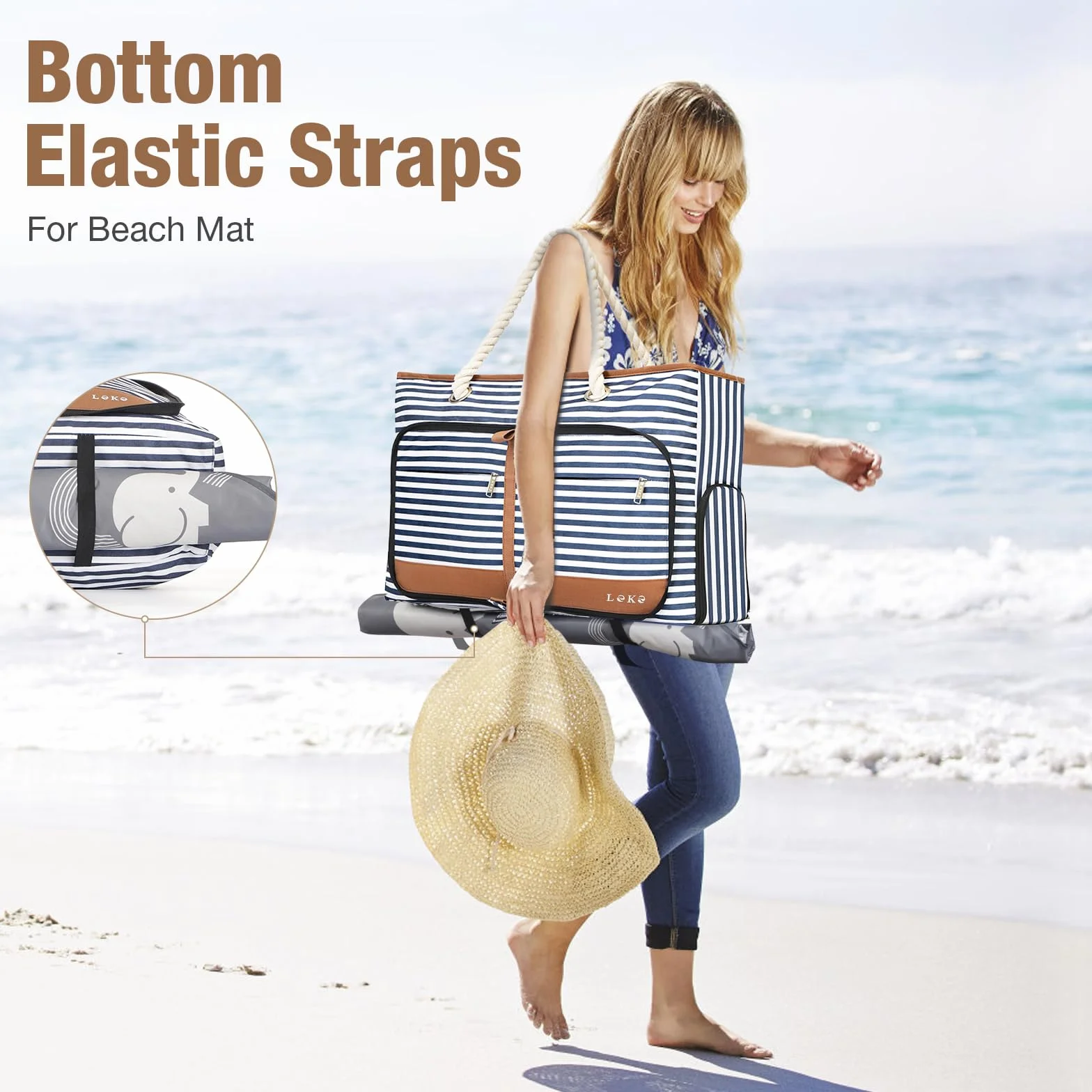 Bolsa de Playa Grande XXL con Cremallera para Mujer, Bolso Familiar Impermeable y Plegable, Tote Bag con Compartimento Húmedo, Zapatos y 8 Bolsillos