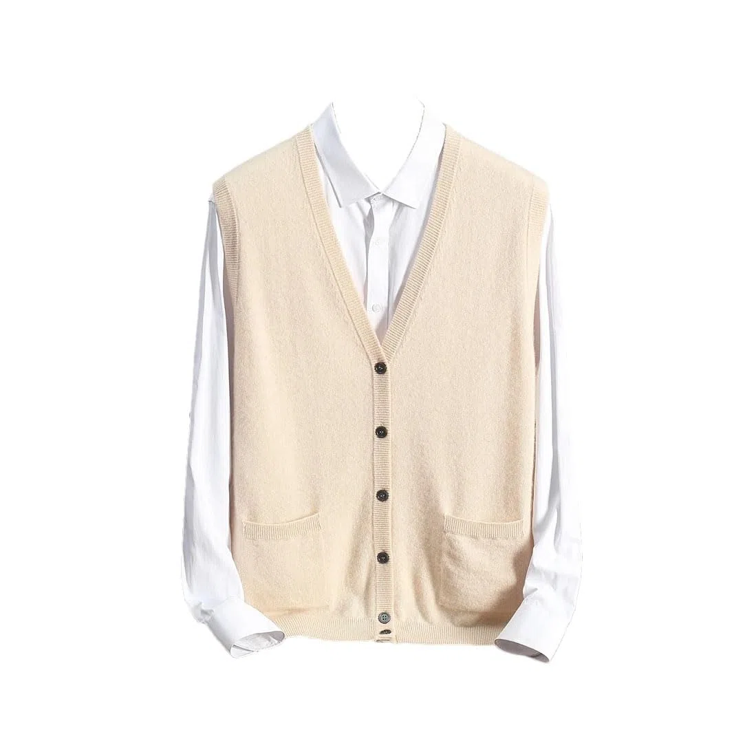 Chaleco de cachemira para hombre, cuello en V, suéter sin mangas, con bolsillos, chaleco casual