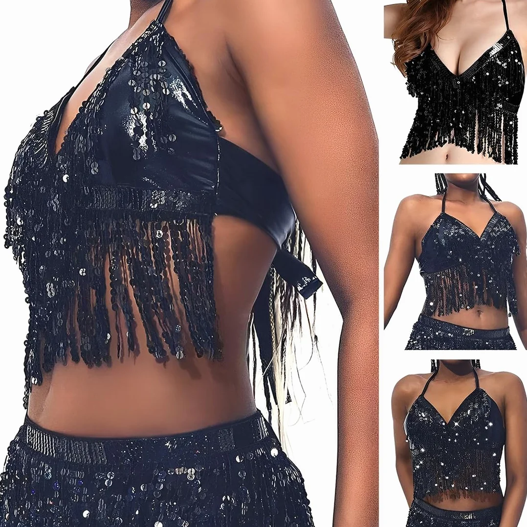 Top de danza para mujer con borlas y lentejuelas para danza del vientre negro
