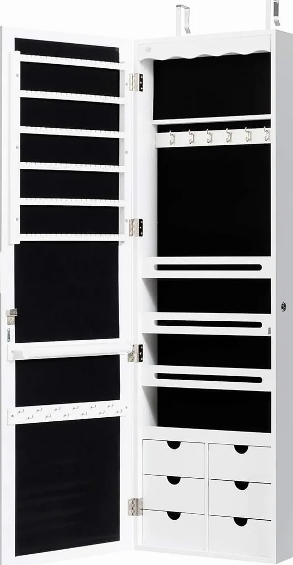 GIANTEX Armario de Joyas con Espejo de Cuerpo Entero, Armario Joyero con Cerradura y 5 LED, Montado en la Pared o en la Puerta, 36,5x11,5x120cm, para Pendientes, Anillos, Collares y Pulseras, Blanco
