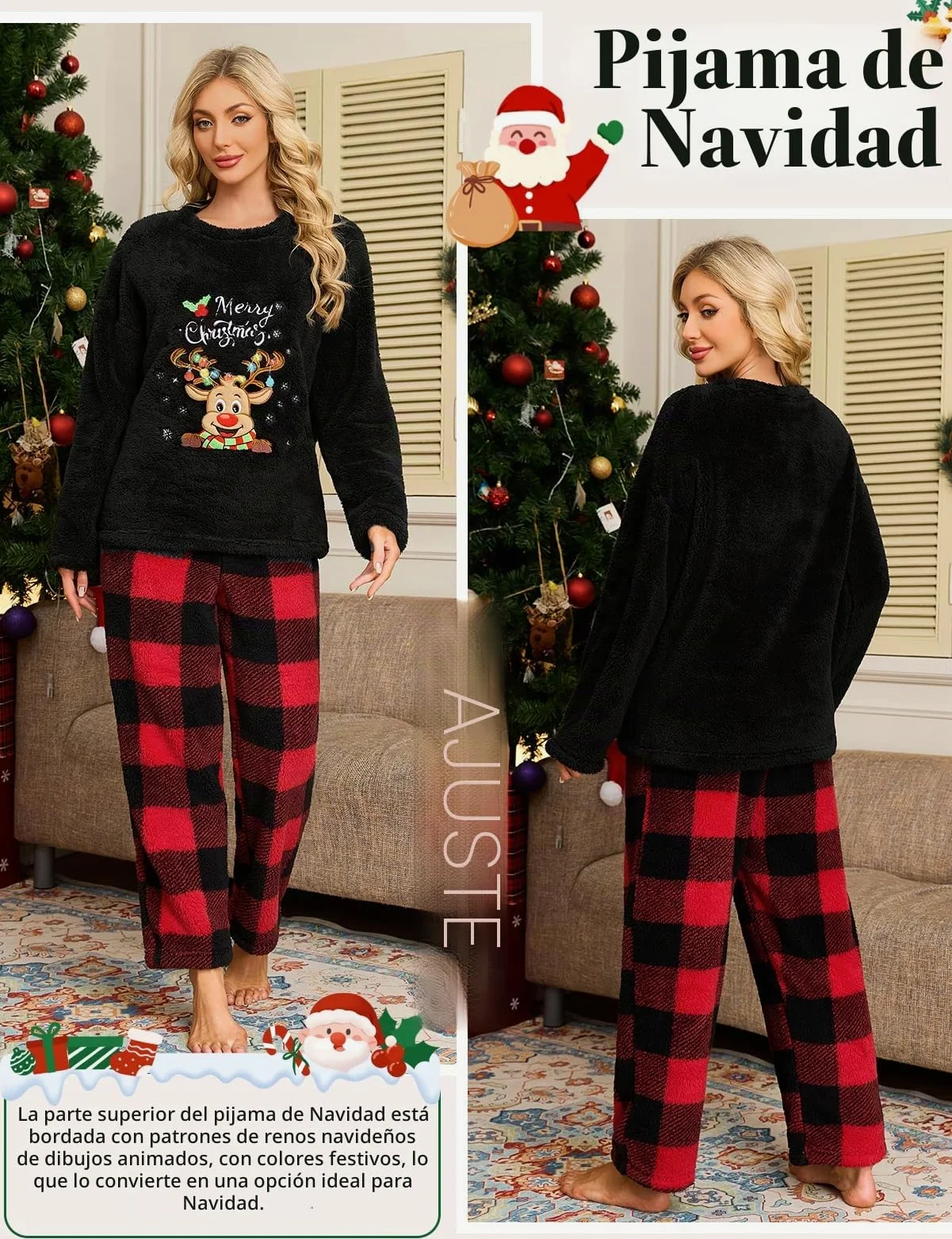 UMIPUBO Pijama Mujer Invierno Navidad Polar Manga Larga y Pantalón Largo con Bolsillo Franela 2 Piezas Conjunto de Pijama Navideños Calentito Cuadros Ropa de Dormir Suave Plaid Pijamas