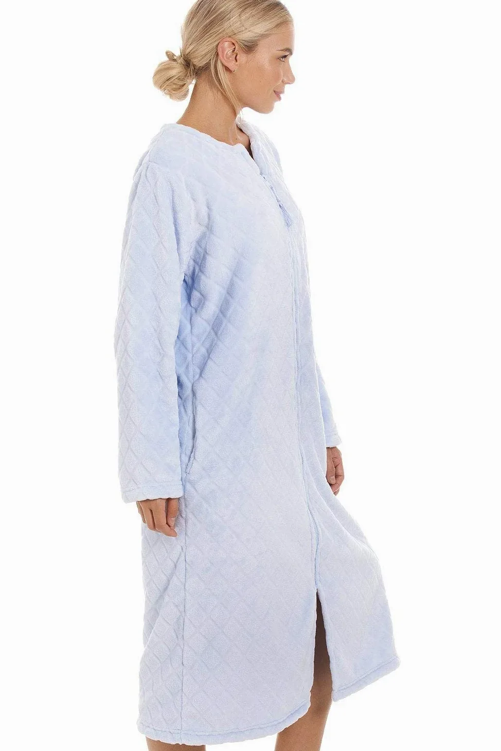 Camille Bata de baño de forro polar súper suave con cremallera para mujer, longitud a la pantorrilla, con estampado de diamantes, cierre de cremallera, mangas largas y bolsillos, ligera, de lujo