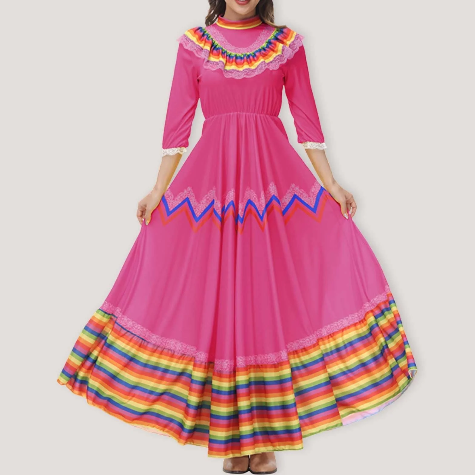 Vestido Bohemio para Mujer, Vestido Tradicional Mexicano, Vestido de Baile Folklórico, Vestido de Cinco de Mayo, Holgado, Dobladillo Grande, Vestido de Verano Largo