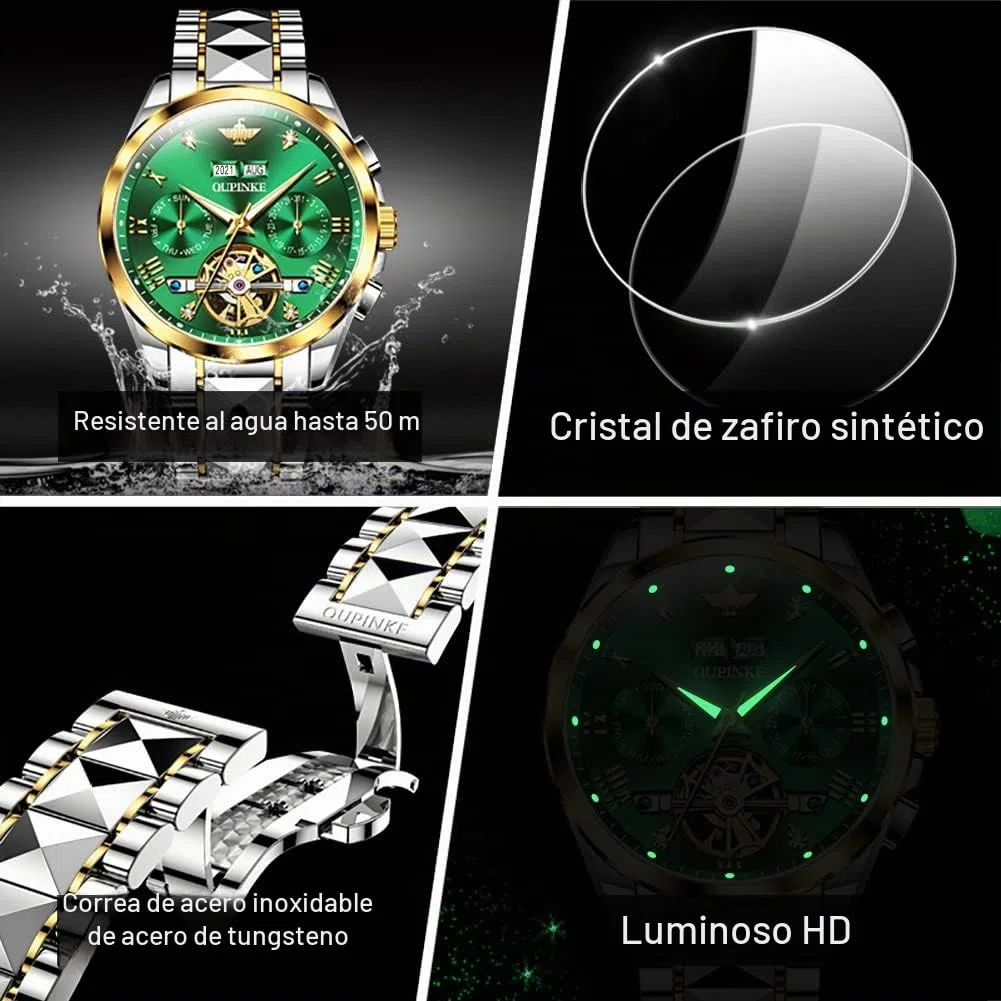 OUPINKE - Relojes para hombre, diseño de esqueleto, automático, mecánico, premium, con calendario, cristal de zafiro, acero de tungsteno, resistente al agua, reloj de pulsera, Verde