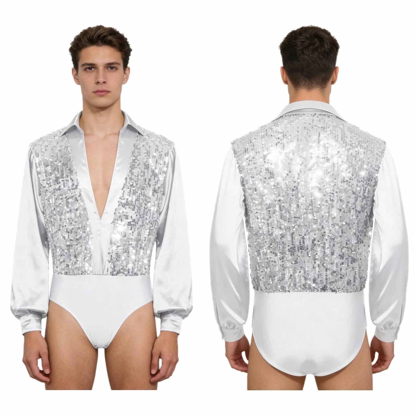 Maillot de Baile Latino Rumba Samba Manga Larga Saten Lentejuelas Cuello en V para Hombre