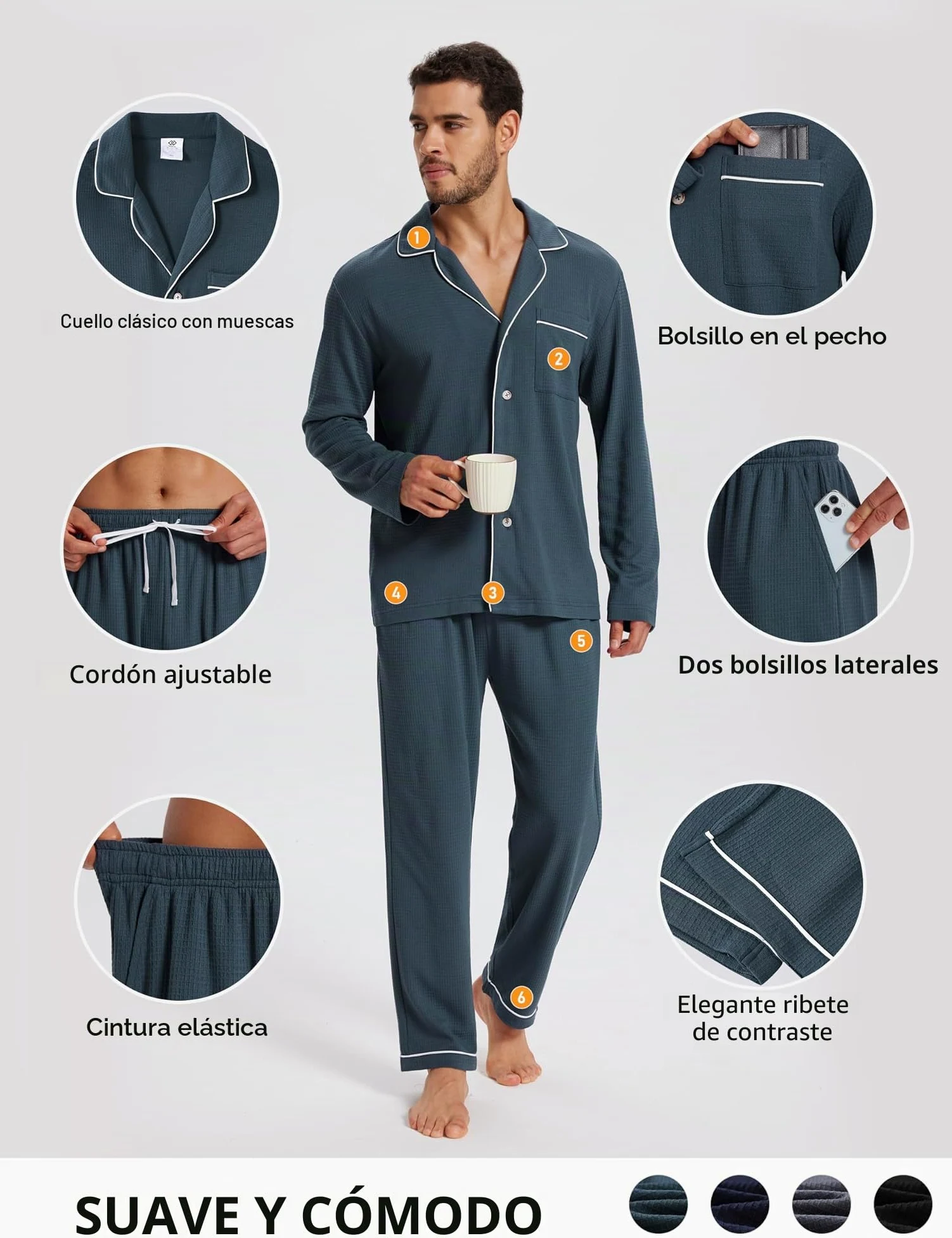 MoFiz Pijama Hombre Largo Otoño Invierno Conjunto de Pijamas con Botones Algodón Modal Suave y Cómoda Manga Larga Camisetas de Pijama y Pantalones Talla M-4XL