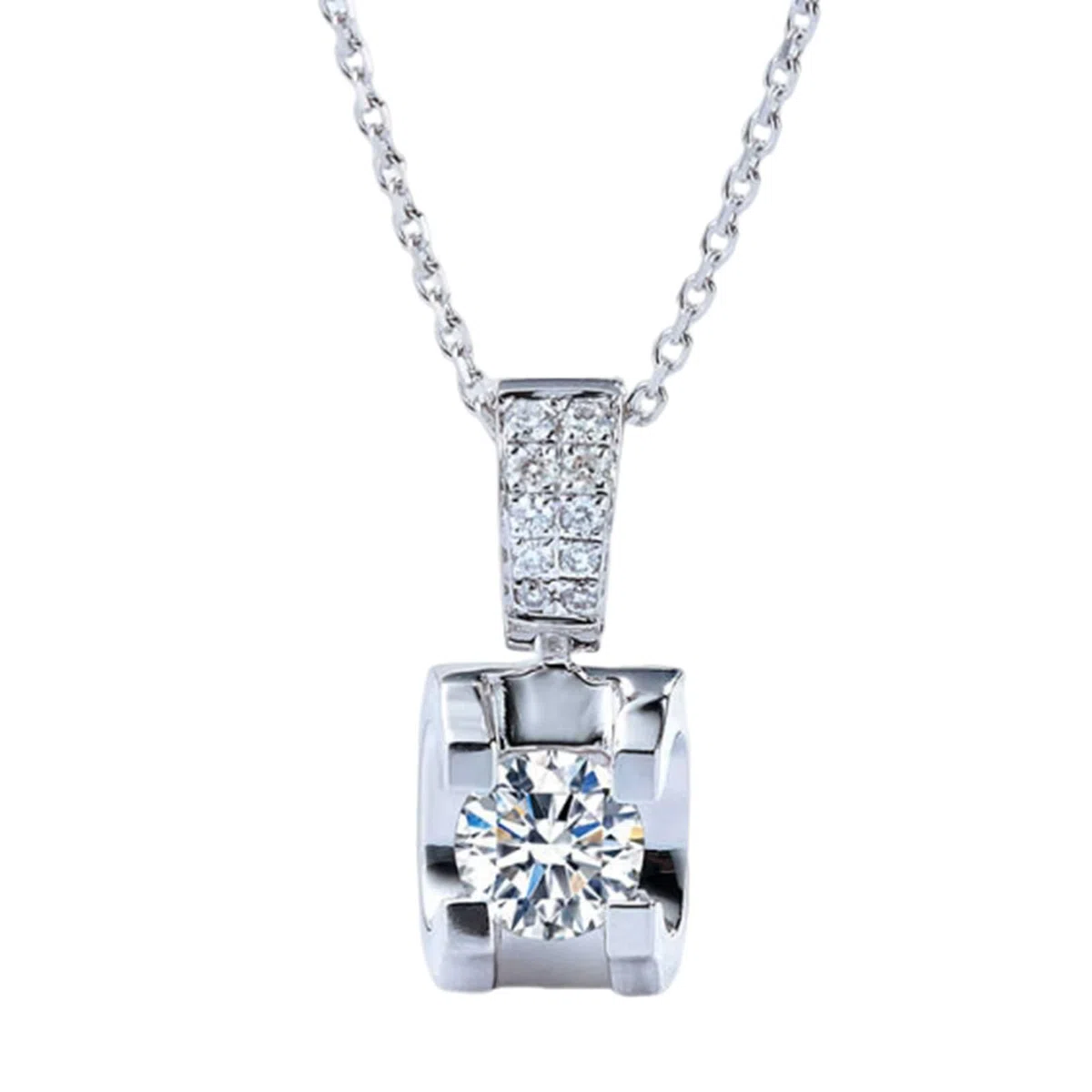 KnSam Joyas de oro real de 9 K/14 K/18 K, collar de mujer de oro blanco, cadena de diamante creada en laboratorio, colgante clásico de corte redondo, blanco, cadena para mujer Au 750/585/375