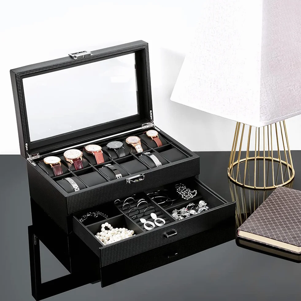 Caja para relojes con 2 niveles, caja de almacenamiento para relojes con tapa de cristal, caja de joyas, 12 compartimentos y 1 cajón para relojes, anillos, pulseras, Fibra de carbono--w60b