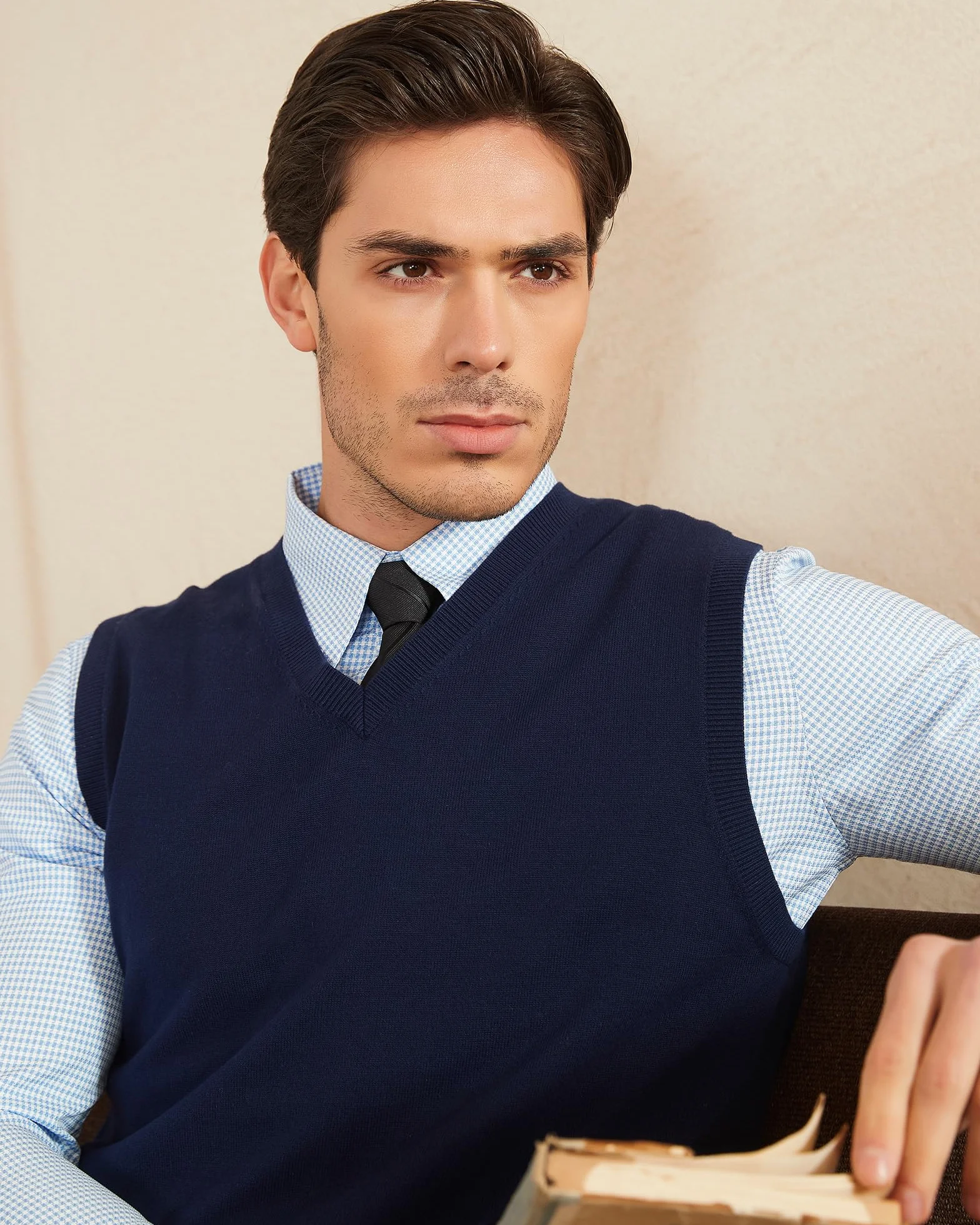 Kallspin Hombres de Algodón sin Mangas Jerseys Cuello en V de Punto Chalecos Suéter Chaleco Corte Relajado Pullover