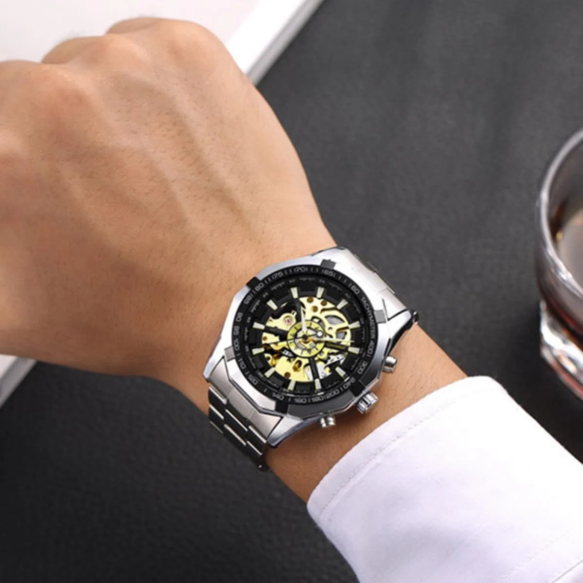 LALAFINA Reloj Mecánico Esqueleto para Hombre de Negocios, Aleación de Zinc