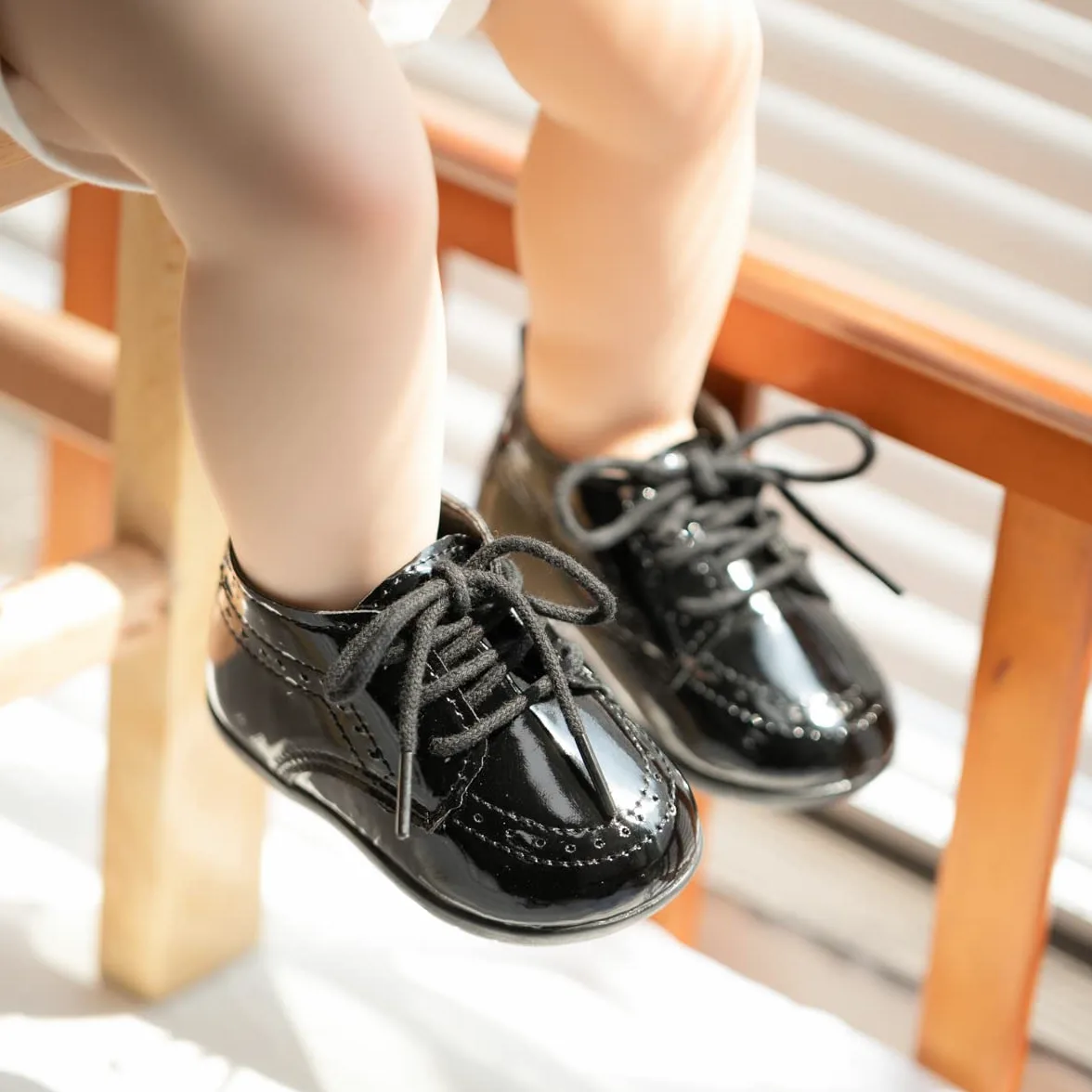 ohsofy Bebé Bebé Niño Oxford Zapatos PU Cuero Mocasines Caucho y Suela Suave Zapatos de Vestir de Boda Niño Niña Bebé Zapatos de Caminar, negro (B_mirror Black), 12-18 meses