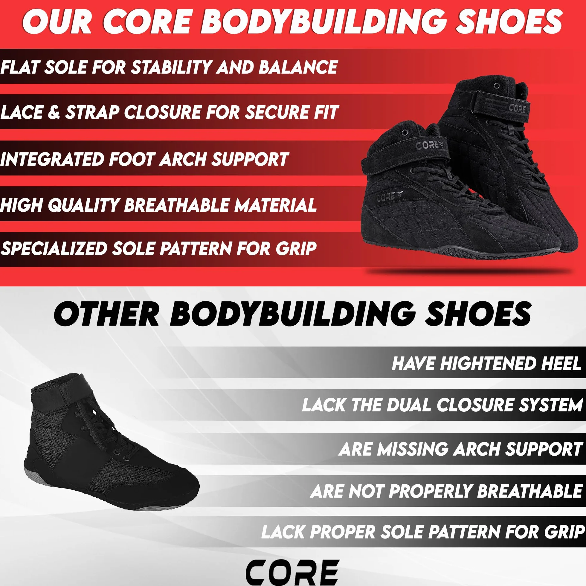 Nordcore Zapatillas de Culturismo - Zapatillas de Halterofilia para Sentadillas, Levantamiento de Potencia, Peso Muerto y Entrenamiento en el Gimnasio - para Hombres y Mujeres - con Suela Plana
