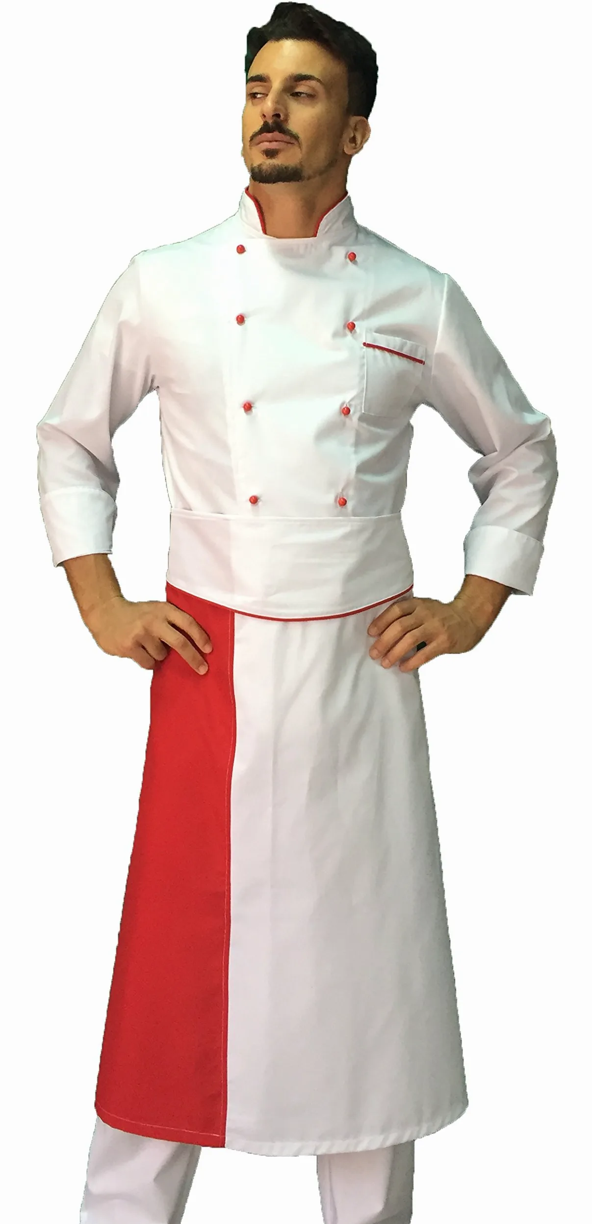 tessile astorino Ricamo Gratuito - Conjunto de cocina - Divisa Chef blanca y roja - Chaqueta, pantalón y delantal - Made in Italy, Color blanco., L