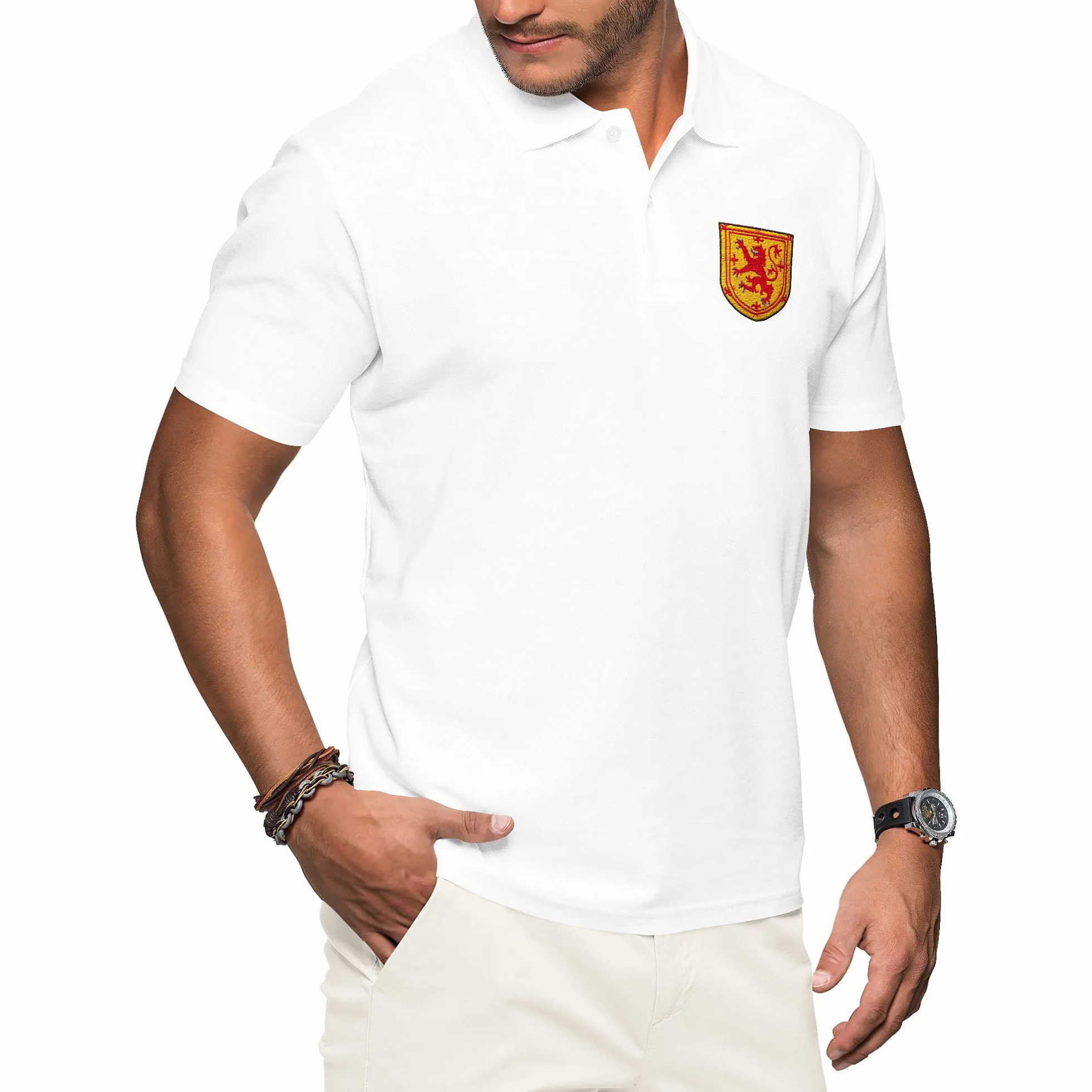 Purple Print House Polo de Escocia para hombre, camiseta de fútbol 2021, retro, para aficionados, rugby, algodón, escudo bordado, insignia del león real