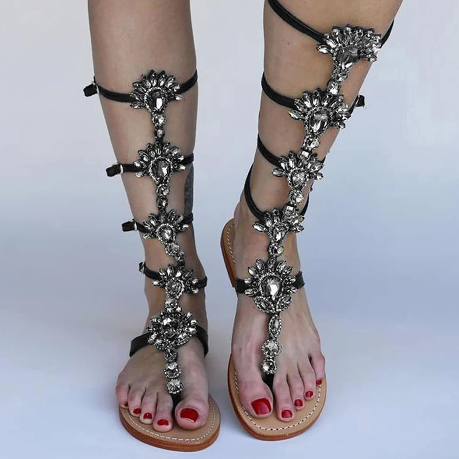 Genérico Sandalias Planas Negras Sandalias de Mujer Verano Romanas Con Hebilla de Imitación Y Punta Plana Para Mujer A La Goma Planas Verano