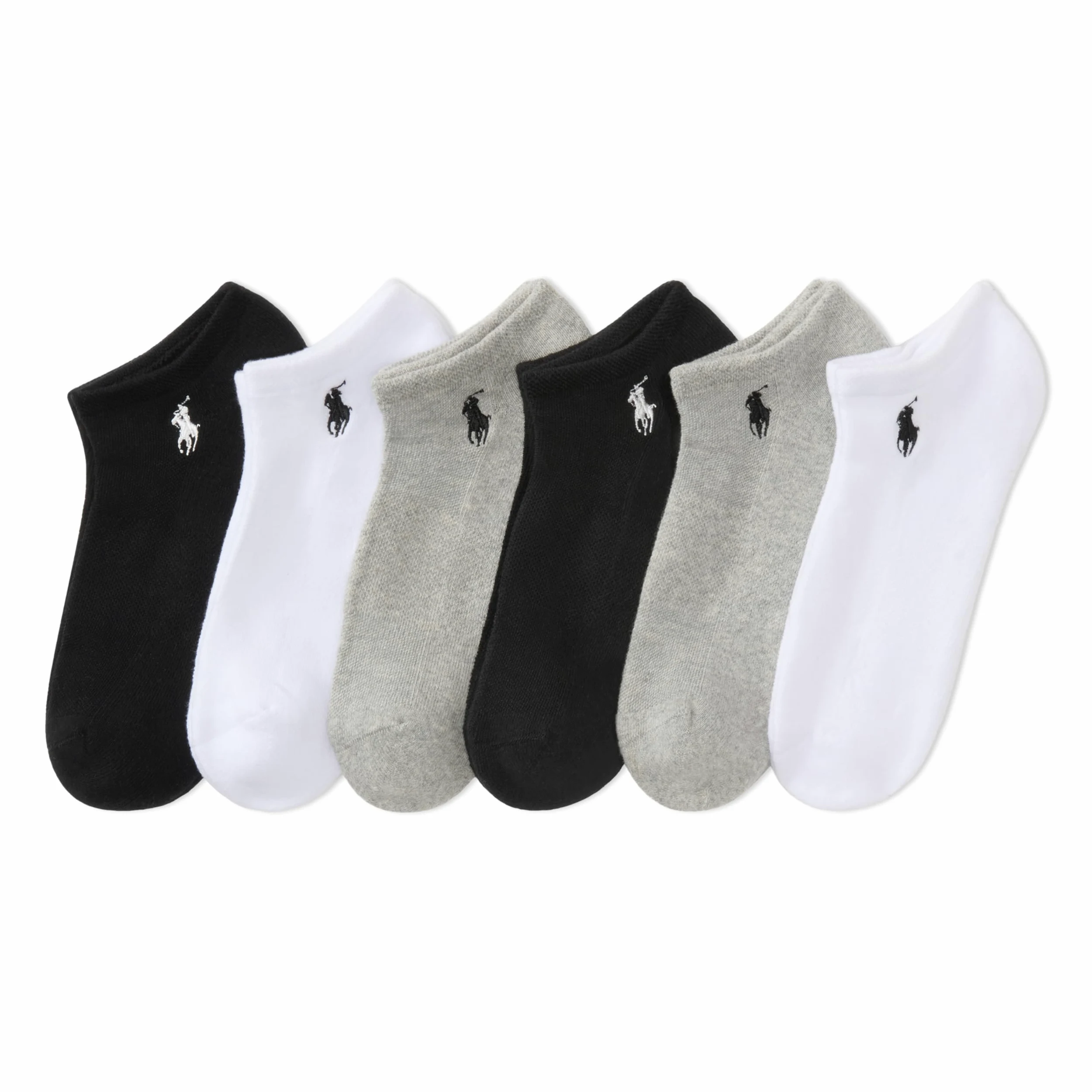 Polo Ralph Lauren Calcetines de algodón de corte bajo para mujer, paquete de 6 pares, malla transpirable y amortiguación deportiva, Gris variado, 4-10