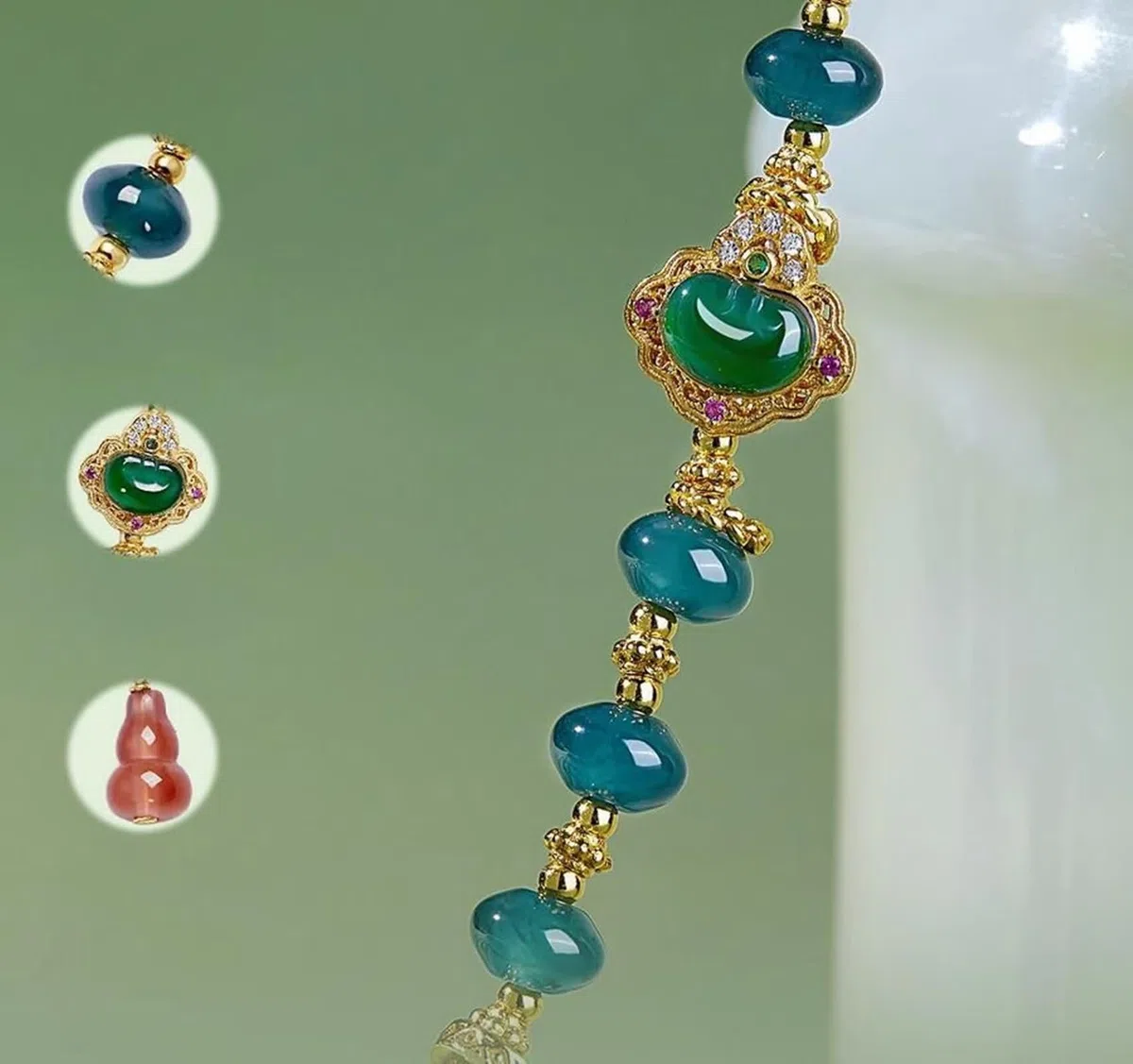 Pulsera de cadena para mujer, pulsera de cuentas vintage de oro amarillo de 9 quilates, 14 quilates y 18 quilates con colgante de calabaza de jade y ágata de 6 a 7 mm