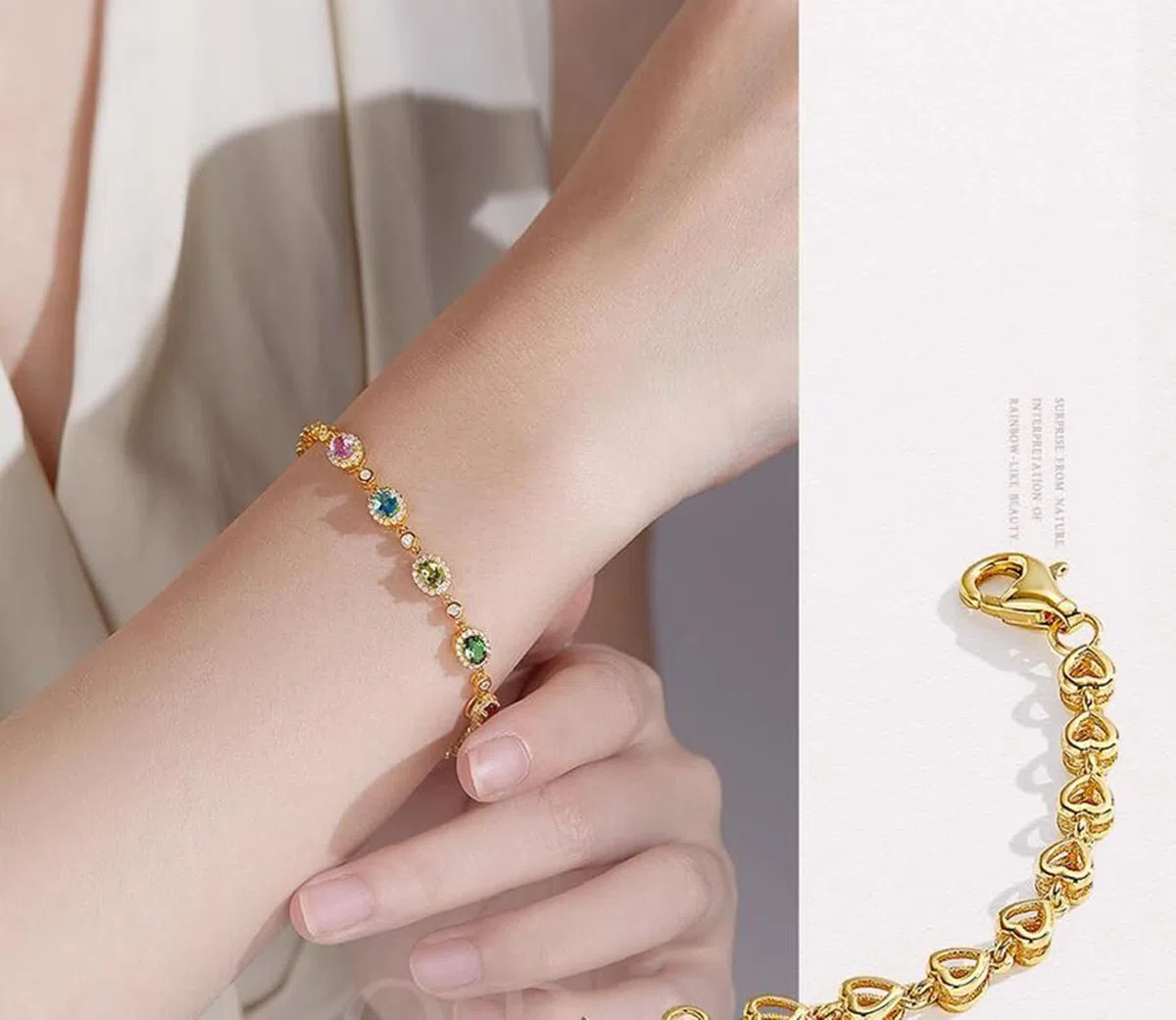 Pulseras de la amistad para adultos, oro amarillo de 14 quilates, ovaladas con piedras preciosas naturales coloridas de 1,6 quilates y circonita cúbica, pulsera y pulseras para mujer de 19 + 3