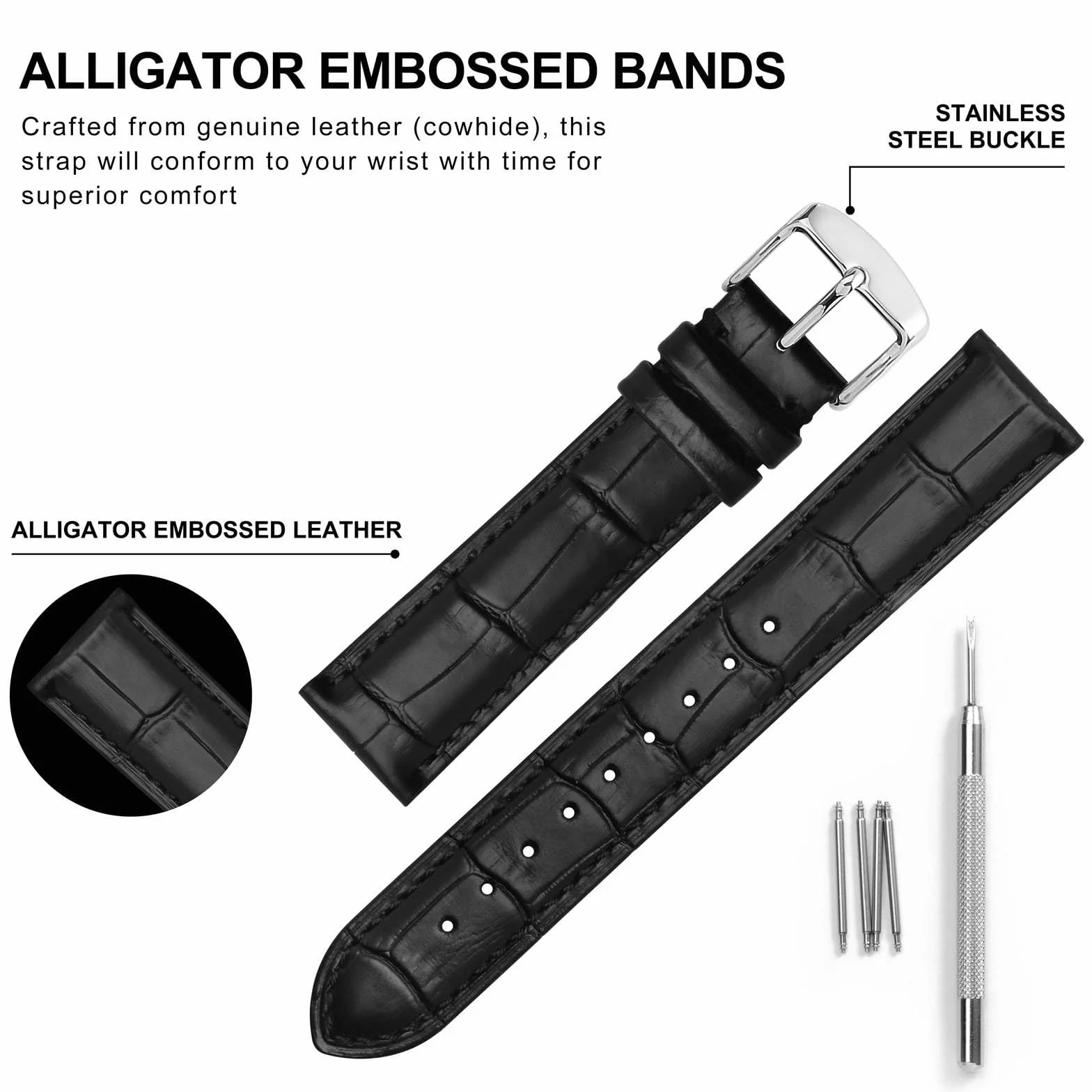 BISONSTRAP Correas de Reloj, Cuero en Relieve de Cocodrilo, Ancho de Banda: 18mm 20mm 22mm 24mm