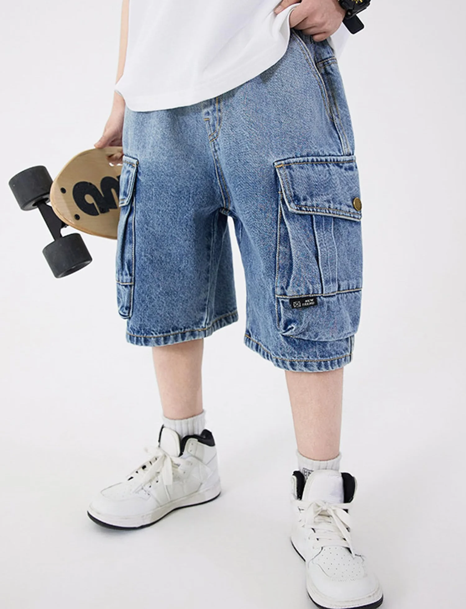 SEAUR Pantalón Corto Vaquero Niño Denim Baggy Jean Shorts Elástico Cintura Bermuda con Bolsillos