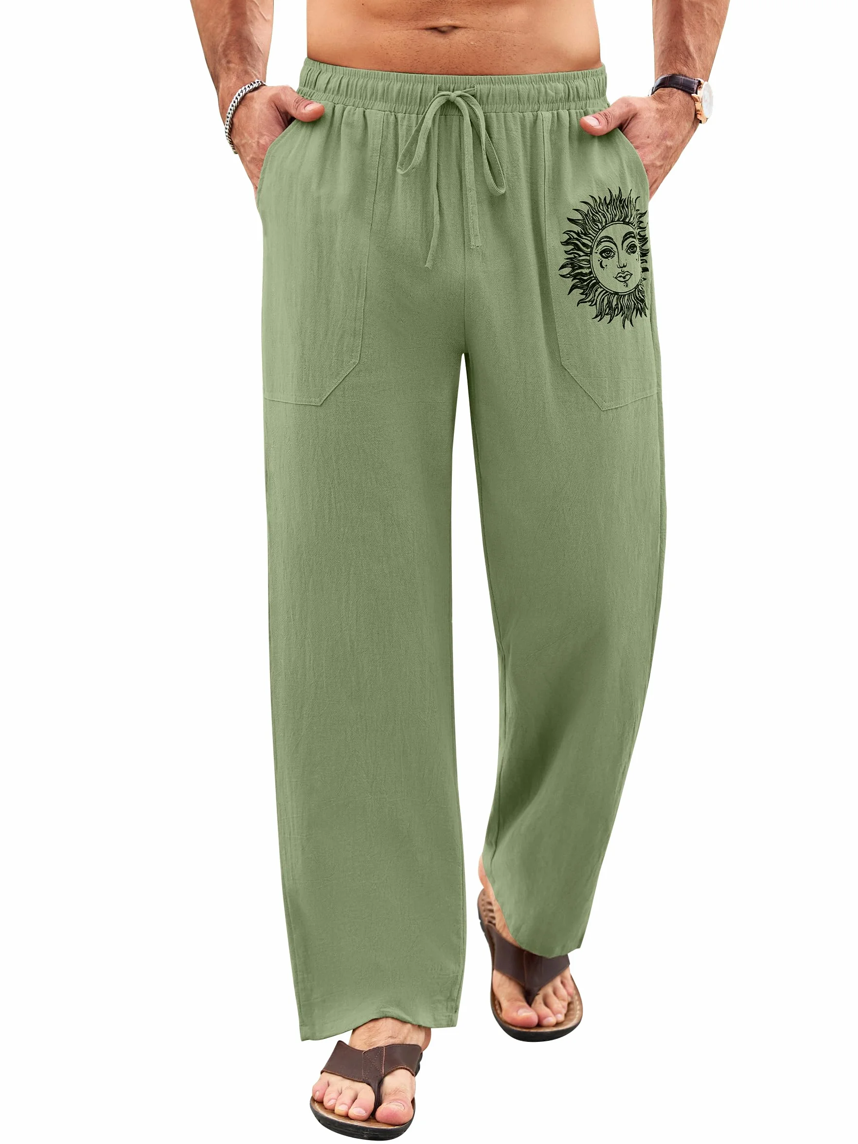 Litthing Pantalones de Lino para Hombre Pantalon de Jogging Algodón Pants Casuales de Verano con Bolsillos Holgados con Cordón Pant Cómodos y Ligeros