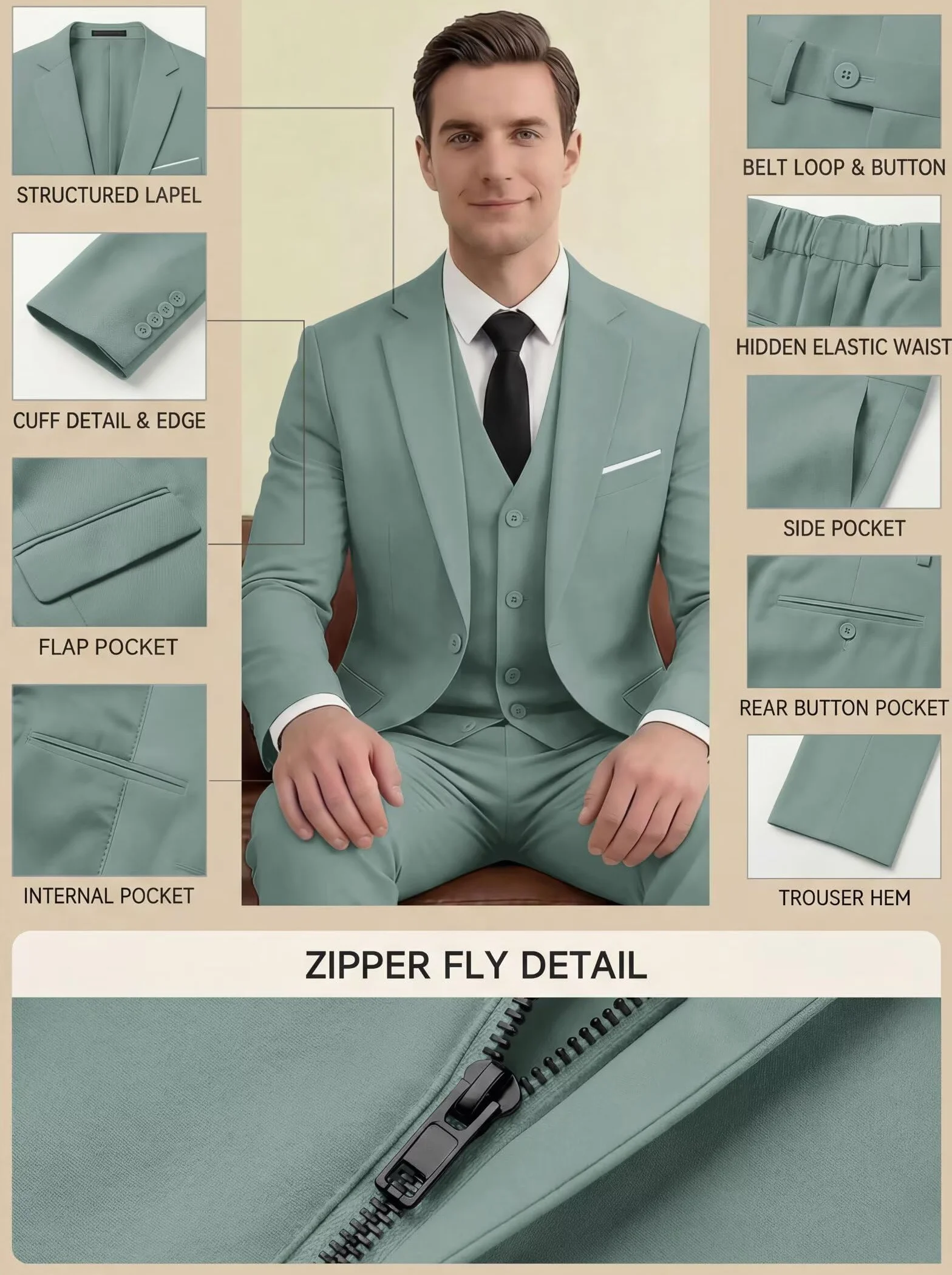 HUUTOE Trajes de 3 piezas para hombre, ajuste delgado, trajes de graduación para hombre, vestido de boda, traje de verano, chaqueta, chaleco, pantalones, esmoquin