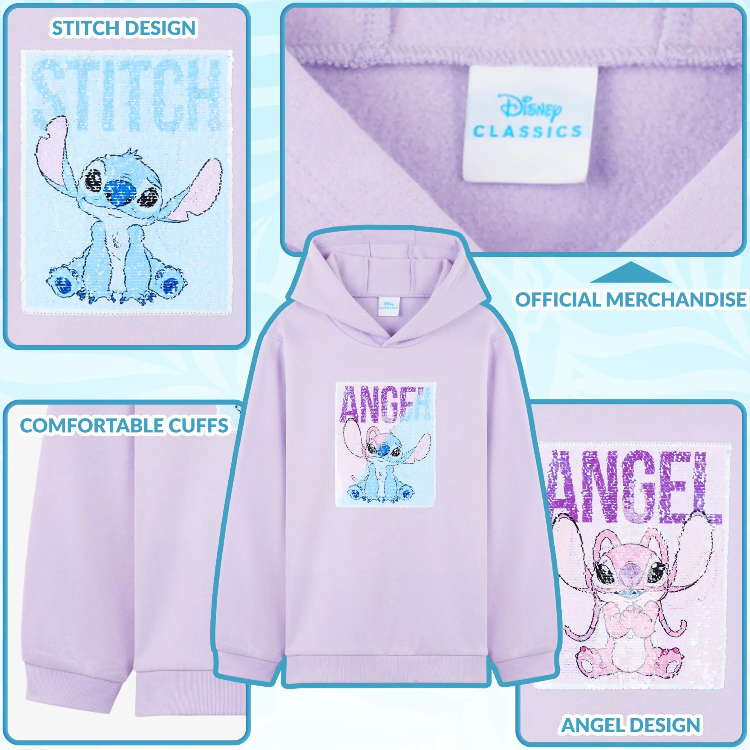 Disney Stitch Sudadera con Capucha Reversible de Lentejuelas, Moda Cálida Ropa para Niña y Adolescente