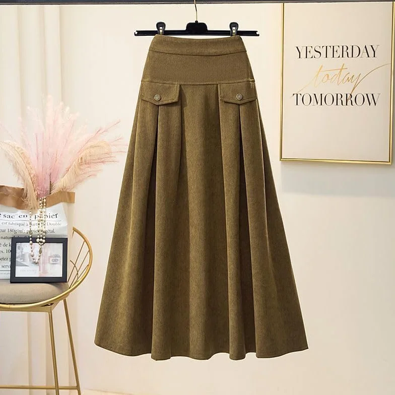 Falda Larga De Pana De Invierno para Mujer, Elástica, De Cintura Alta, Gruesa, Cálida, Informal, Elegante, De Corte A, Plisada, Midi con Bolsillos