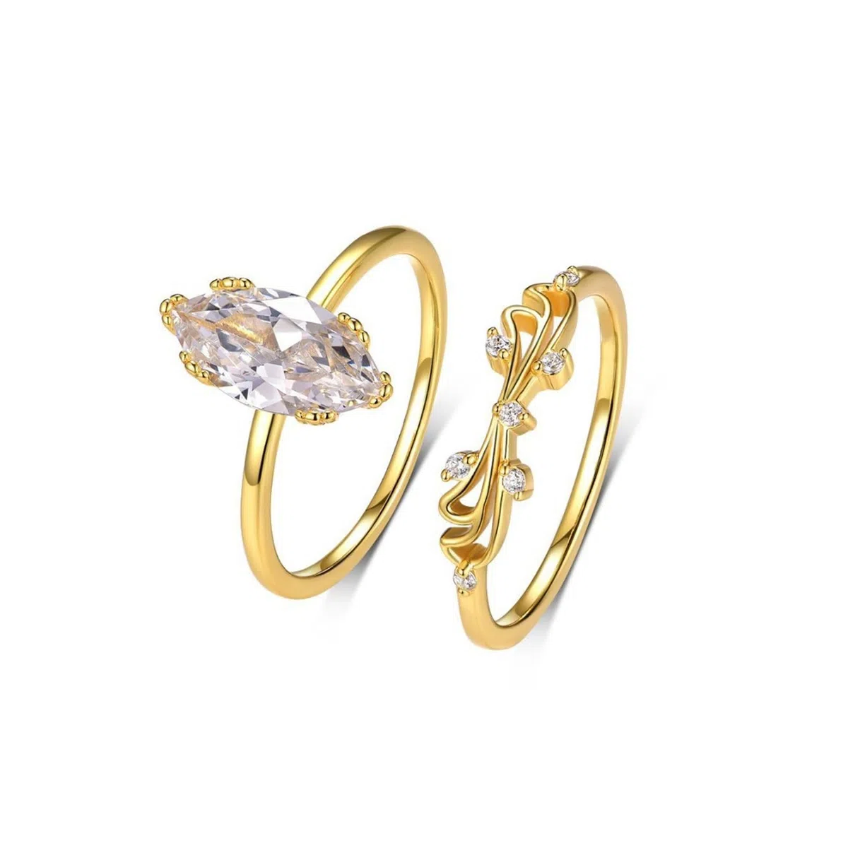 Anillo de mujer de oro, anillo de compromiso de oro blanco, juego de 2 unidades, con moissanite de 2 quilates, apilable, oro real