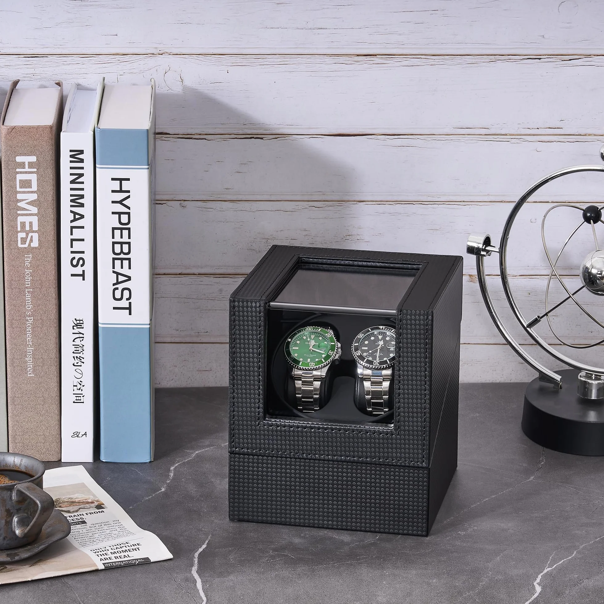ANWBROAD Enrollador para Relojes Automáticos Caja Giratoria para 2 Relojes Súper Silencioso Retroiluminación LED Watch Winder de Lujo 5 Modos JWW001B