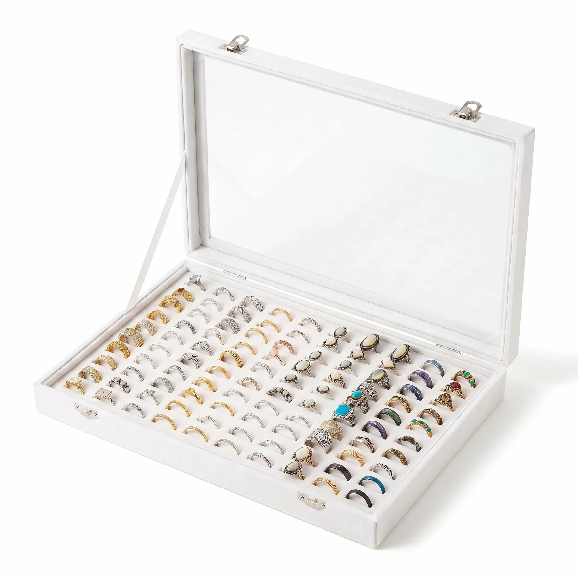 Frebeauty Bandeja organizadora de anillos con 100 ranuras para anillo con tapa transparente, caja de almacenamiento de anillo de terciopelo, bandeja de anillo(Blanco)