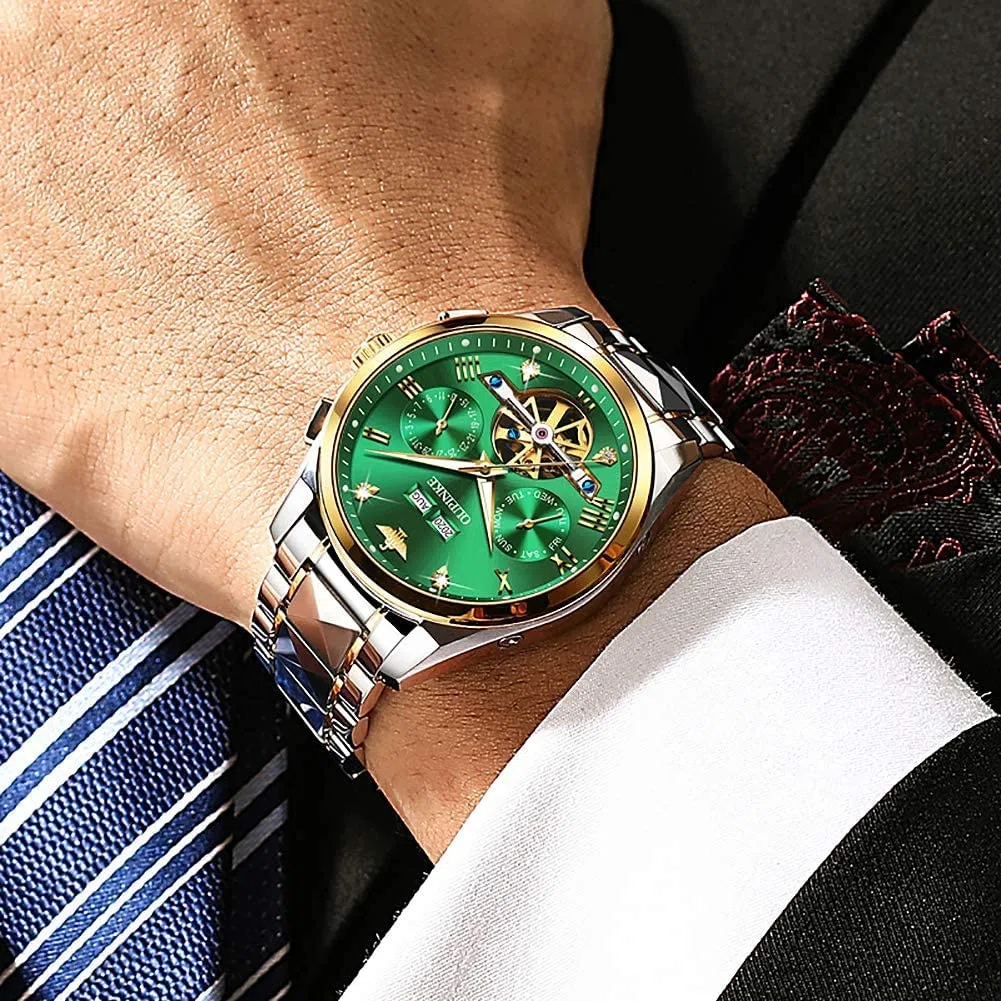 OUPINKE - Relojes para hombre, diseño de esqueleto, automático, mecánico, premium, con calendario, cristal de zafiro, acero de tungsteno, resistente al agua, reloj de pulsera, Verde