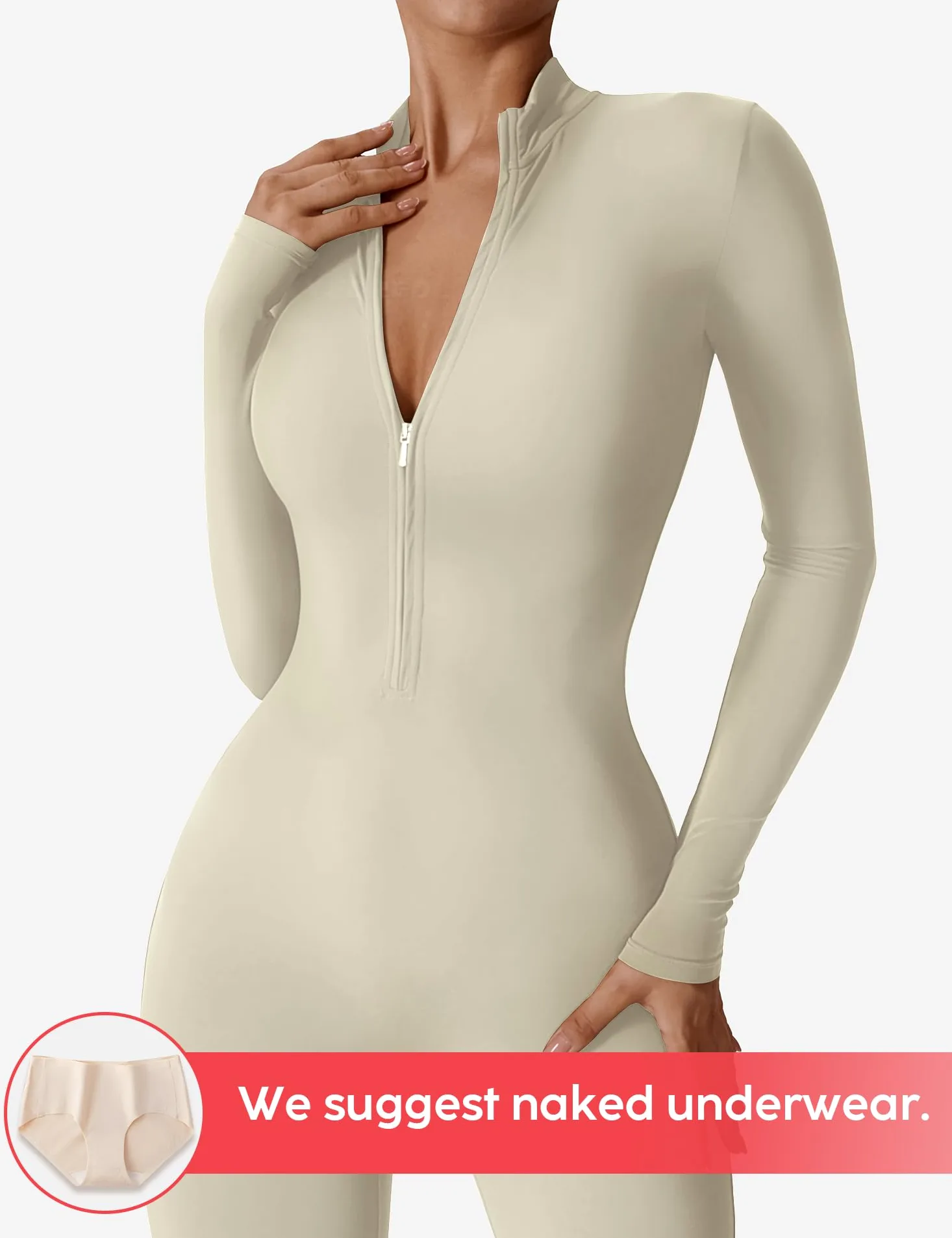 YEOREO Mono de entrenamiento de manga larga para mujer, con cremallera, parte inferior de pantalones, bodycon, sexy, de una pieza, Crema, Small