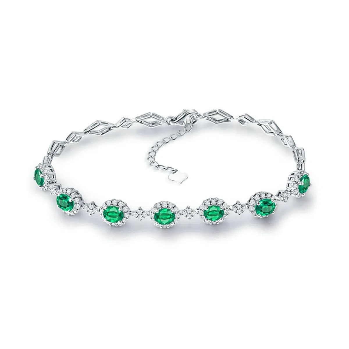 Pulseras de Mujer de Oro Blanco 9Kilates / 14Kilates / 18Kilates, Oval con Esmeralda de 2,4 ct y Diamante de 0,81 ct, Cadena Extensible 16 CM + 5 CM, Pulsera Mujer Ajustable Plata Verde
