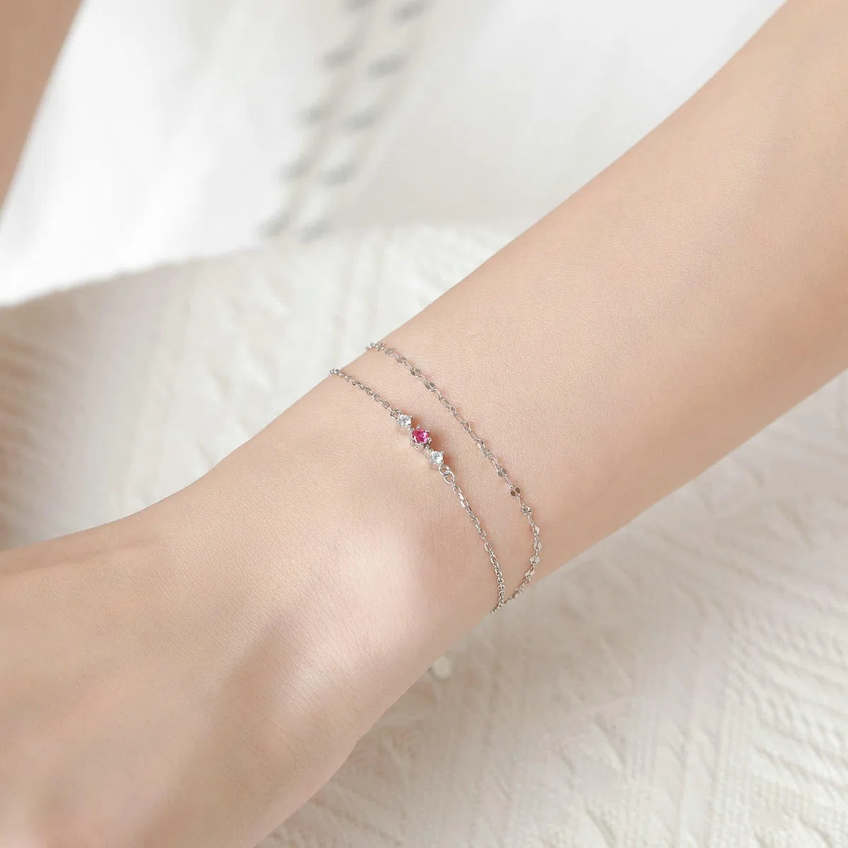 KnSam Pulsera de oro auténtico de 9 K/14 K/18 K para mujer, pulsera de eslabones de doble capa con turmalina rosa rojo, laboratorio creado en laboratorio, brazalete de diamante blanco y oro Au 375/585