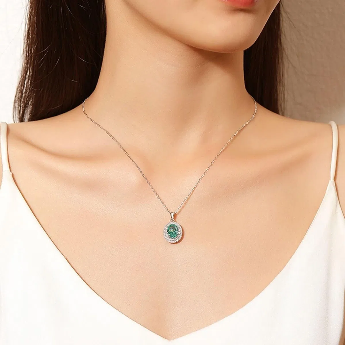Collar con colgante para mujer, cadena de oro blanco de 9 quilates, 14 quilates y 18 quilates, 4 puntas ovaladas con paraiba y moissanita creadas de 3 quilates, collares verdes plateados para