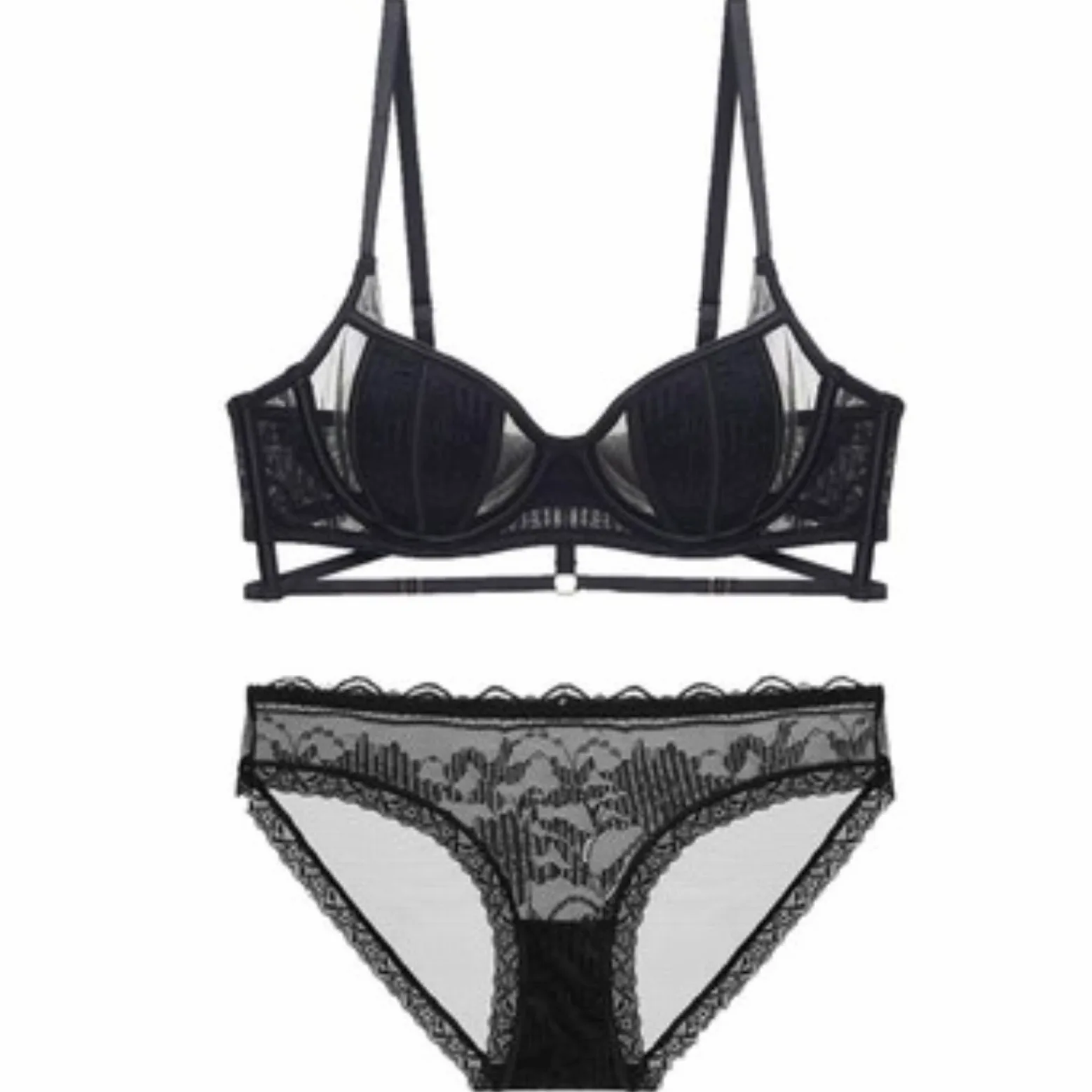 ANTTK - Conjunto de brasier de encaje para mujer, brasier transparente de cobertura completa, brasier push up sin varillas, estilo francés, talla grande, brasier con aros para uso diario
