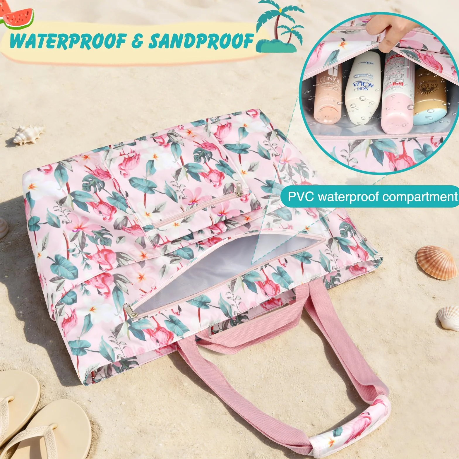 Bolsa Playa Mujer Grande Xxl Familiar Bolsos Playa Con Cremallera Beach Bag Plegable Bolsa Viaje Ligero Tote Bag Mujer Para Playa, Viajes, Picnic. 50L