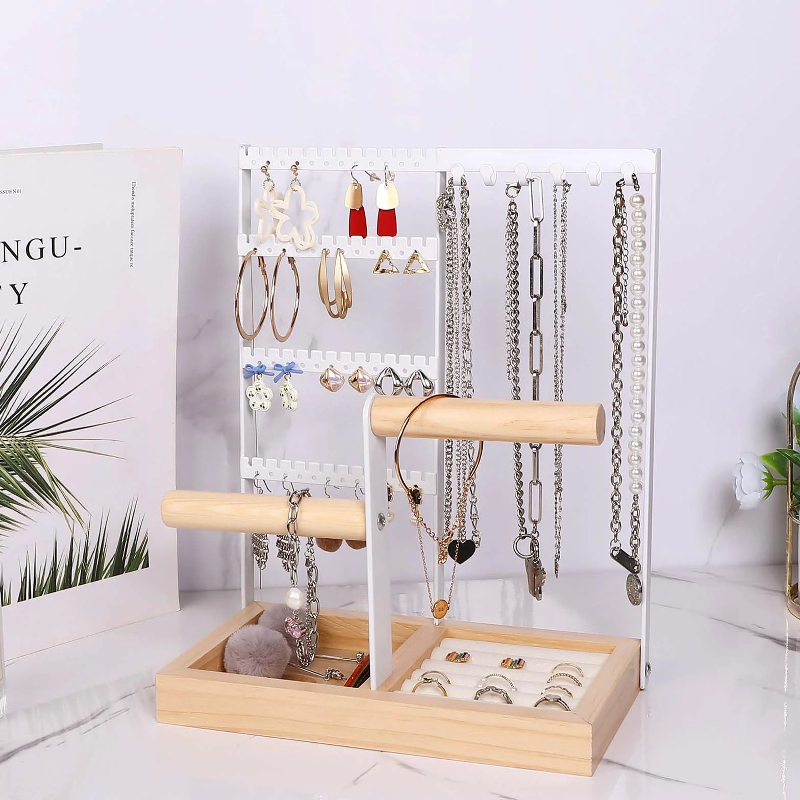 Soporte para joyas, Expositor de Joyas con Bandeja de Madera y Metal para Collares Pulseras Pendientes