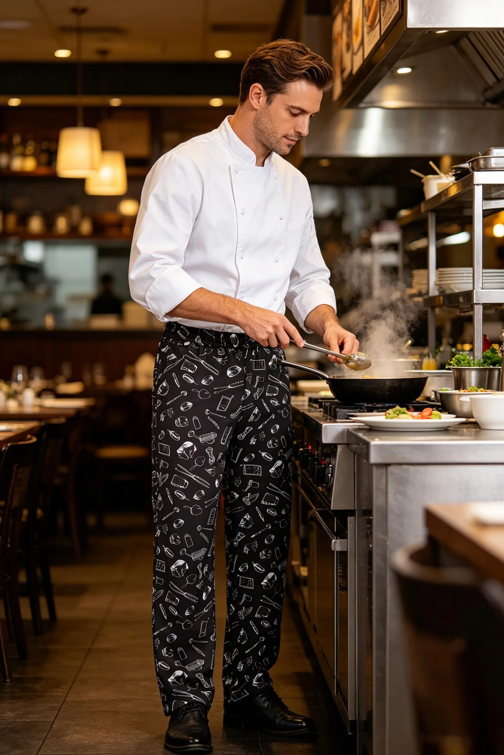 Nanxson Pantalones de Chef Holgados para Hombre, Pantalones de Trabajo Estampados con Cintura Elástica Pantalones de Chef Uniformes de Cocina para Restaurante
