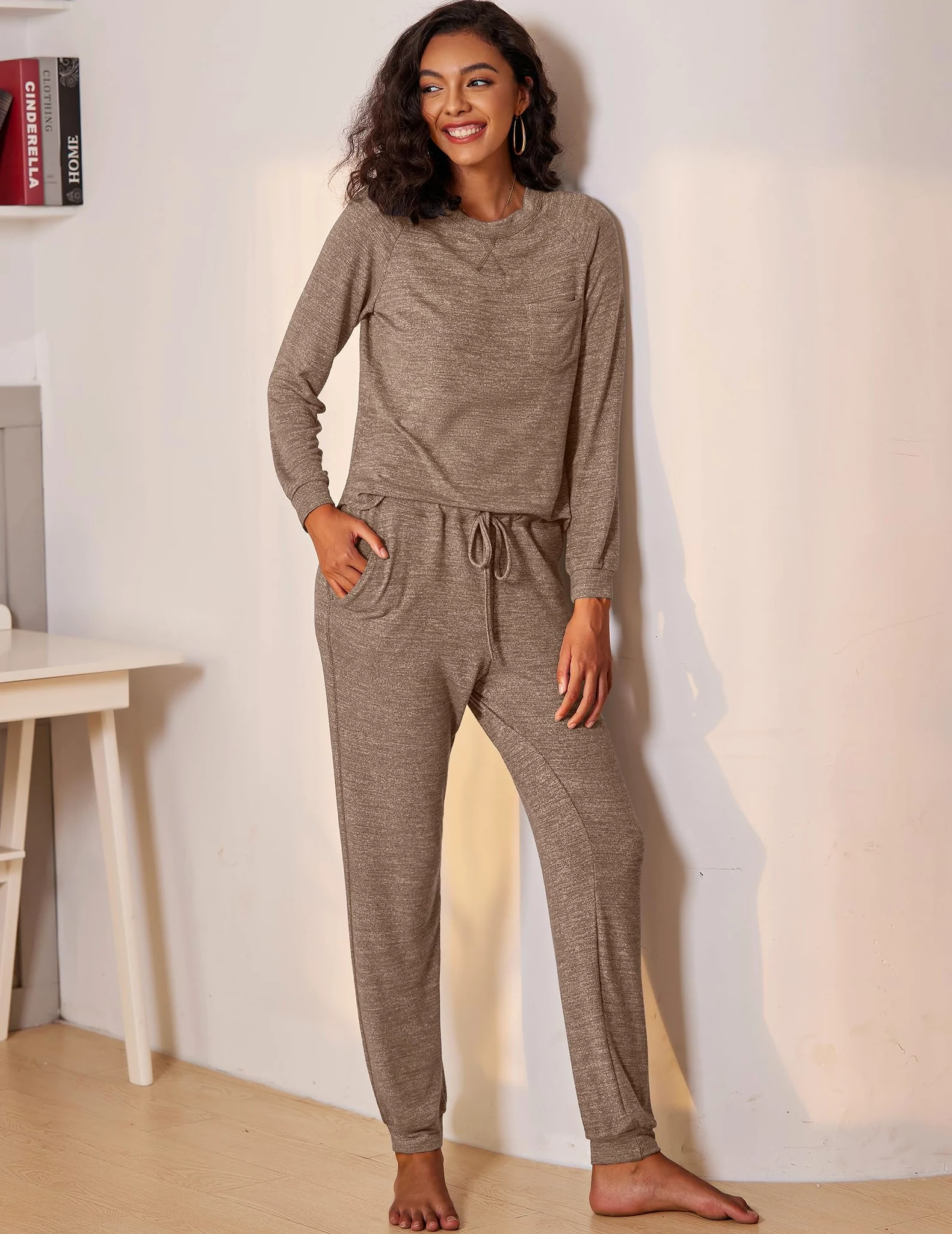 Ekouaer Pijama Mujer Ligero Conjunto de Pijama con Cuello Redondo Largo Pantalones 2 Piezas Invierno Manga Larga S-XXL