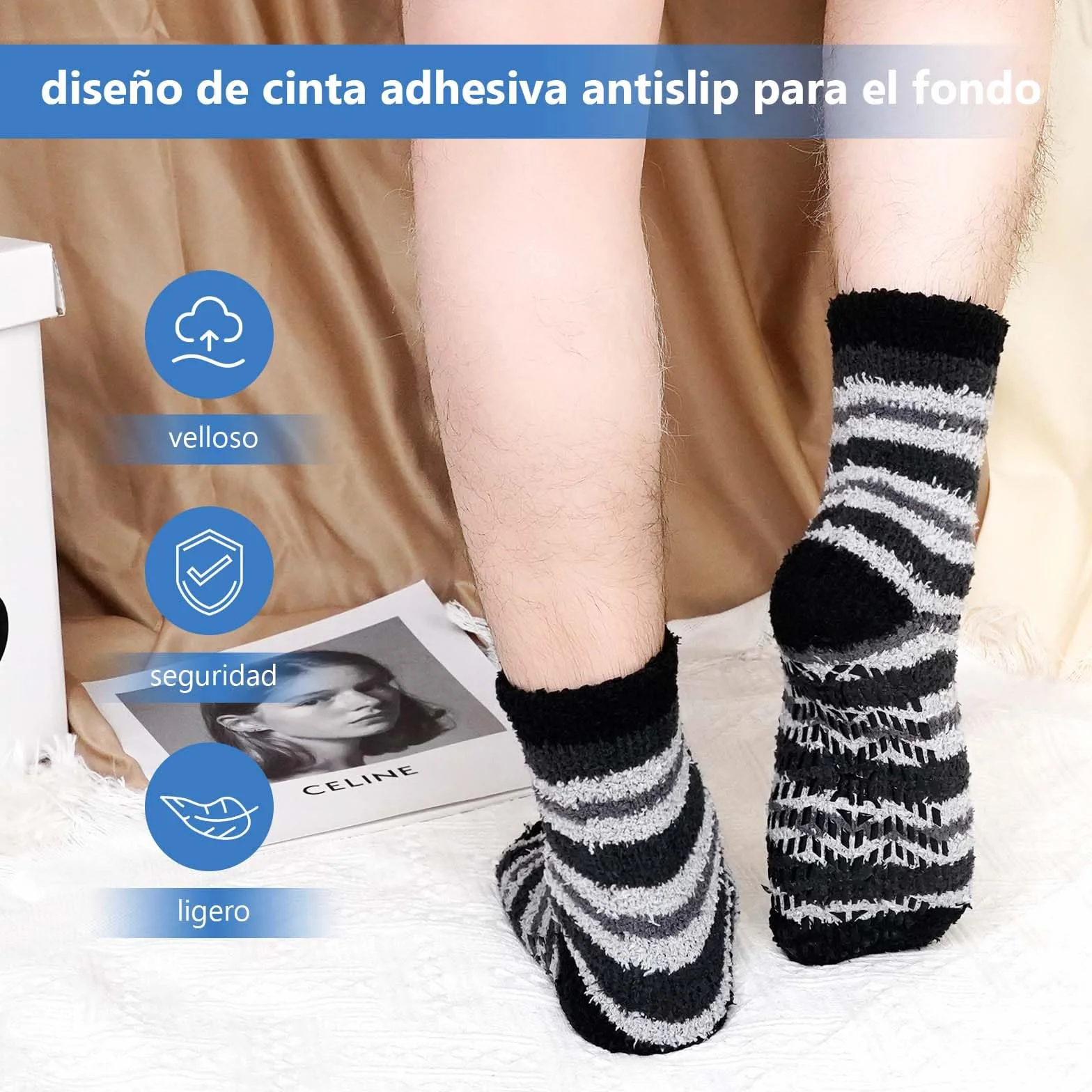LOFIR Calcetines Invierno Antideslizantes para Hombre: Calcetines Térmicos para Dormir - Calcetines Calentitos y Gordos de Polar Coral Calcetines Suaves y Mullidos con Rayas 36-46 5 Pares